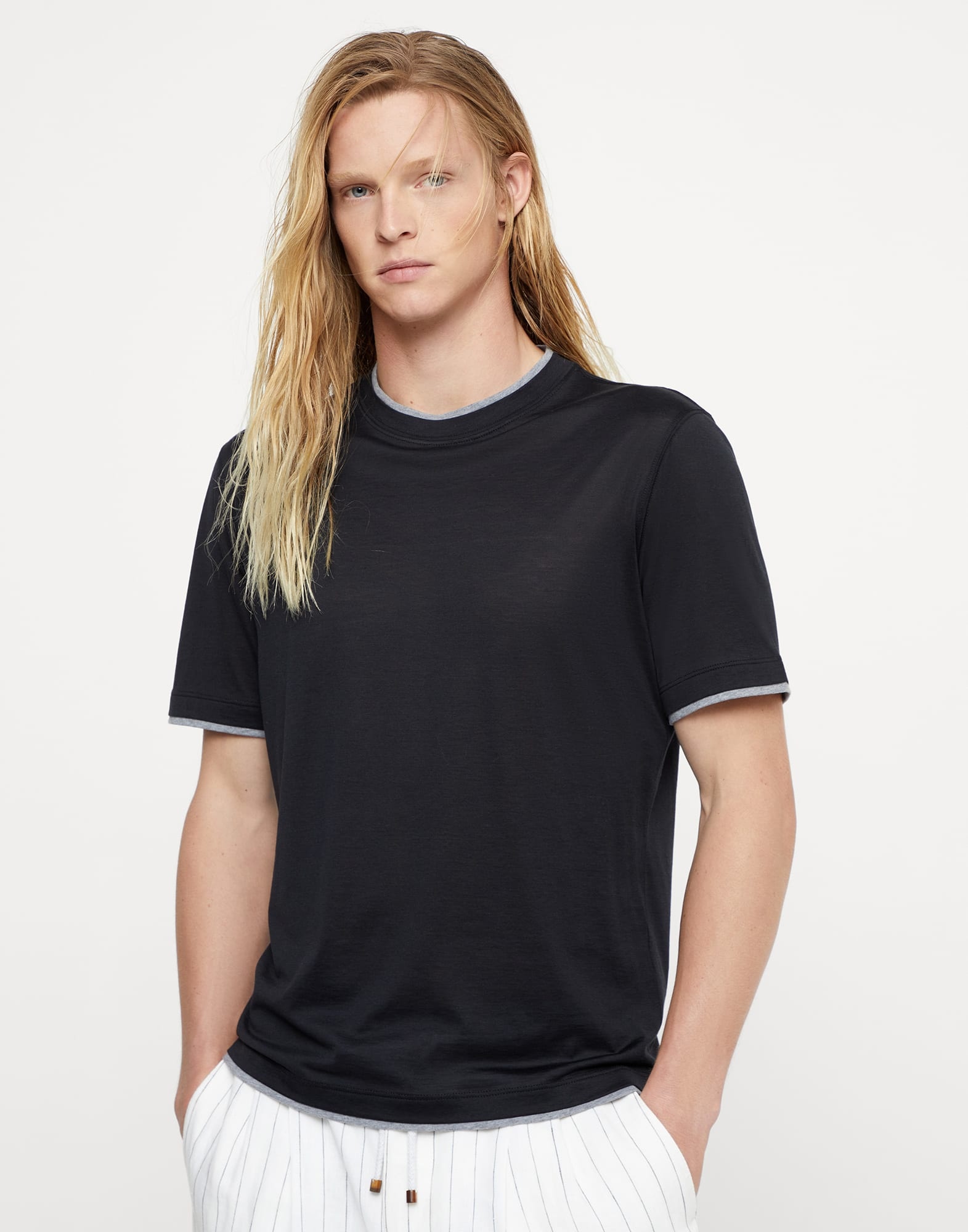 Silk and cotton jersey crew neck T-shirt with faux-layering - 1