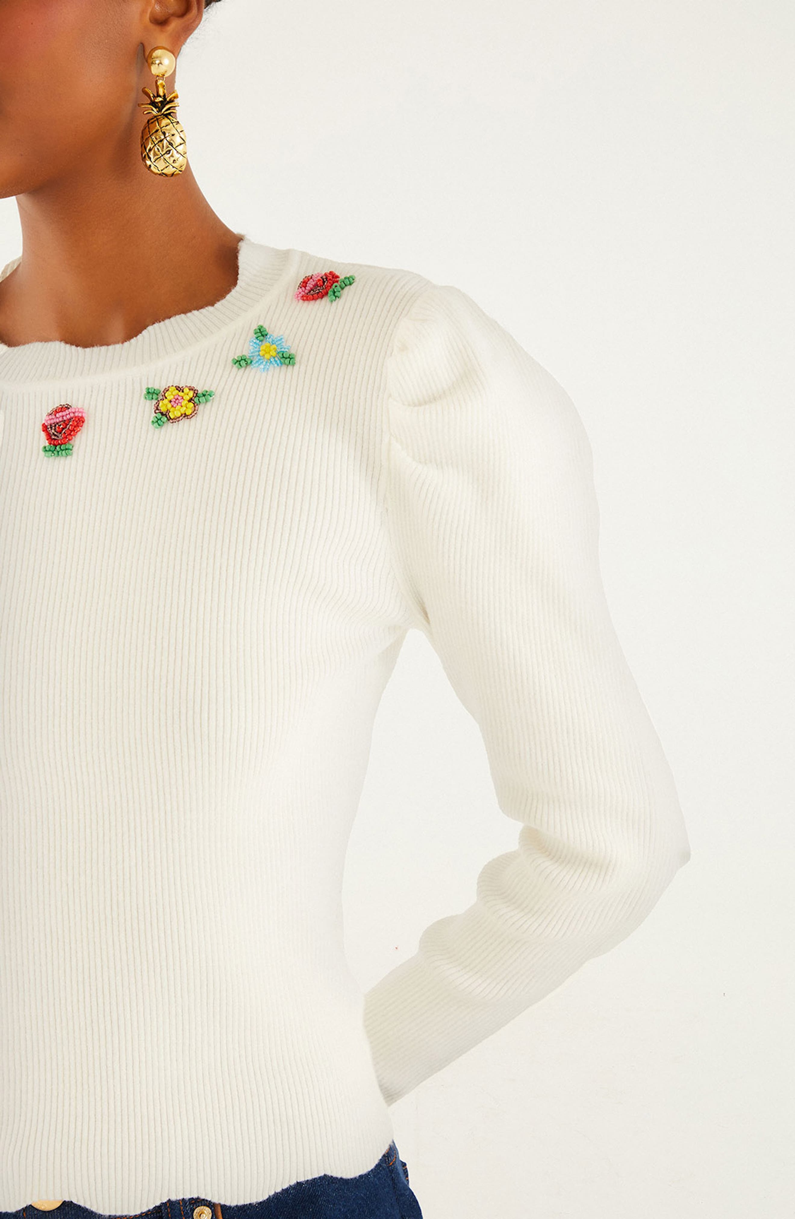FARM Rio Flower Embroidered Sweater in Off-White at Nordstrom - 4