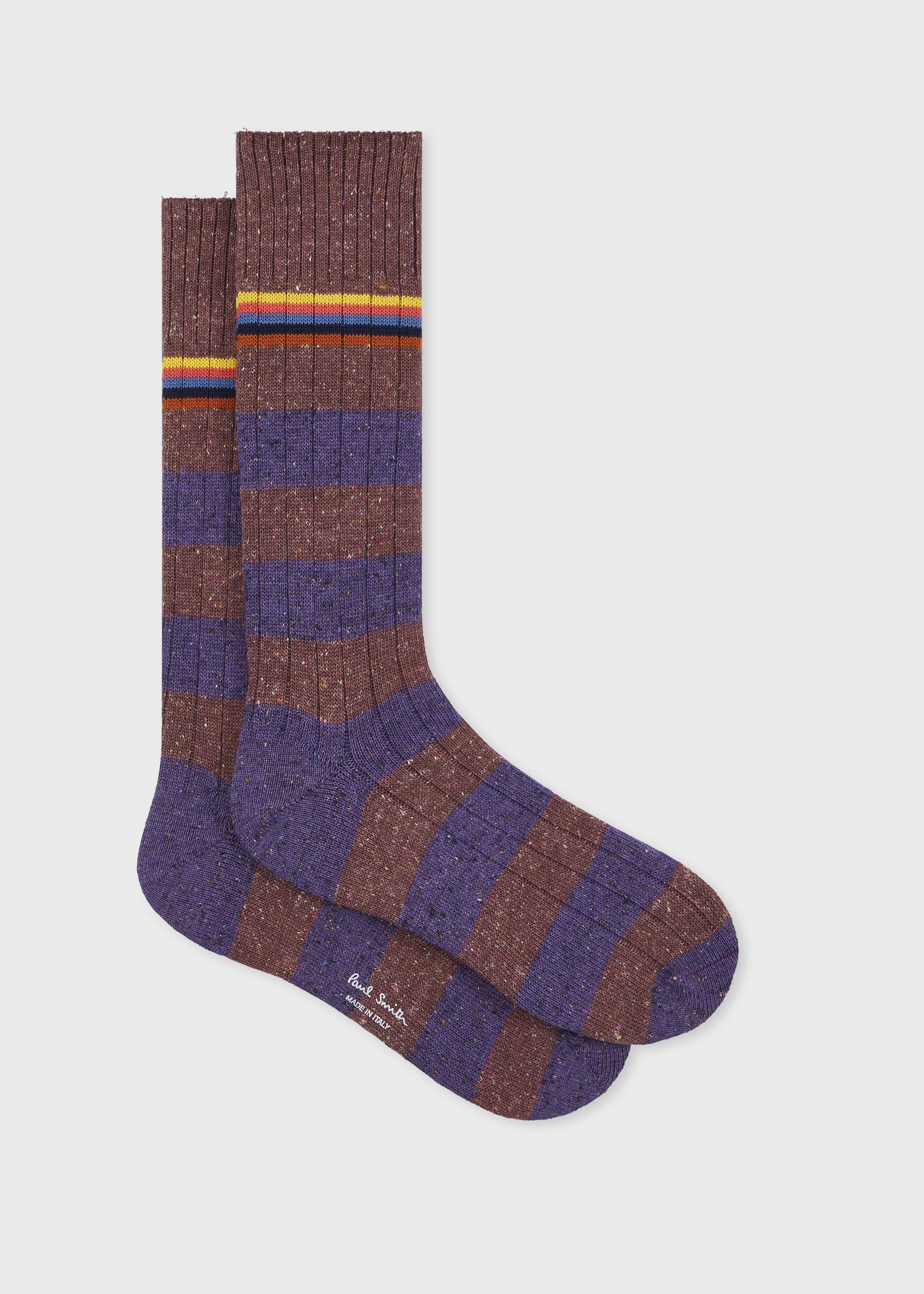 Burgundy and Purple Cotton-Silk Blend Chunky 'Signature Stripe' Socks - 1