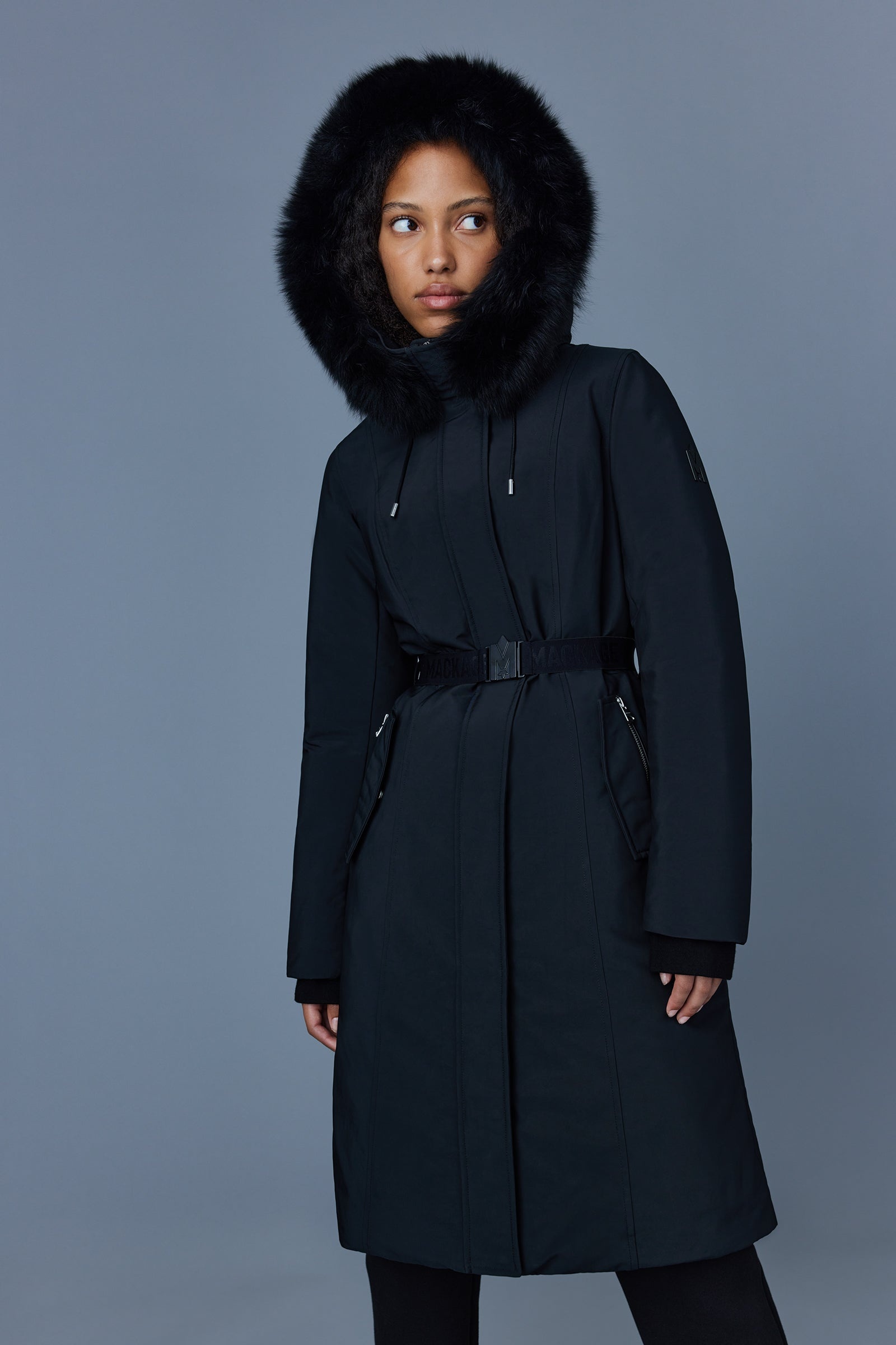 MACKAGE KAILYN flared down coat with blue fox fur hood REVERSIBLE