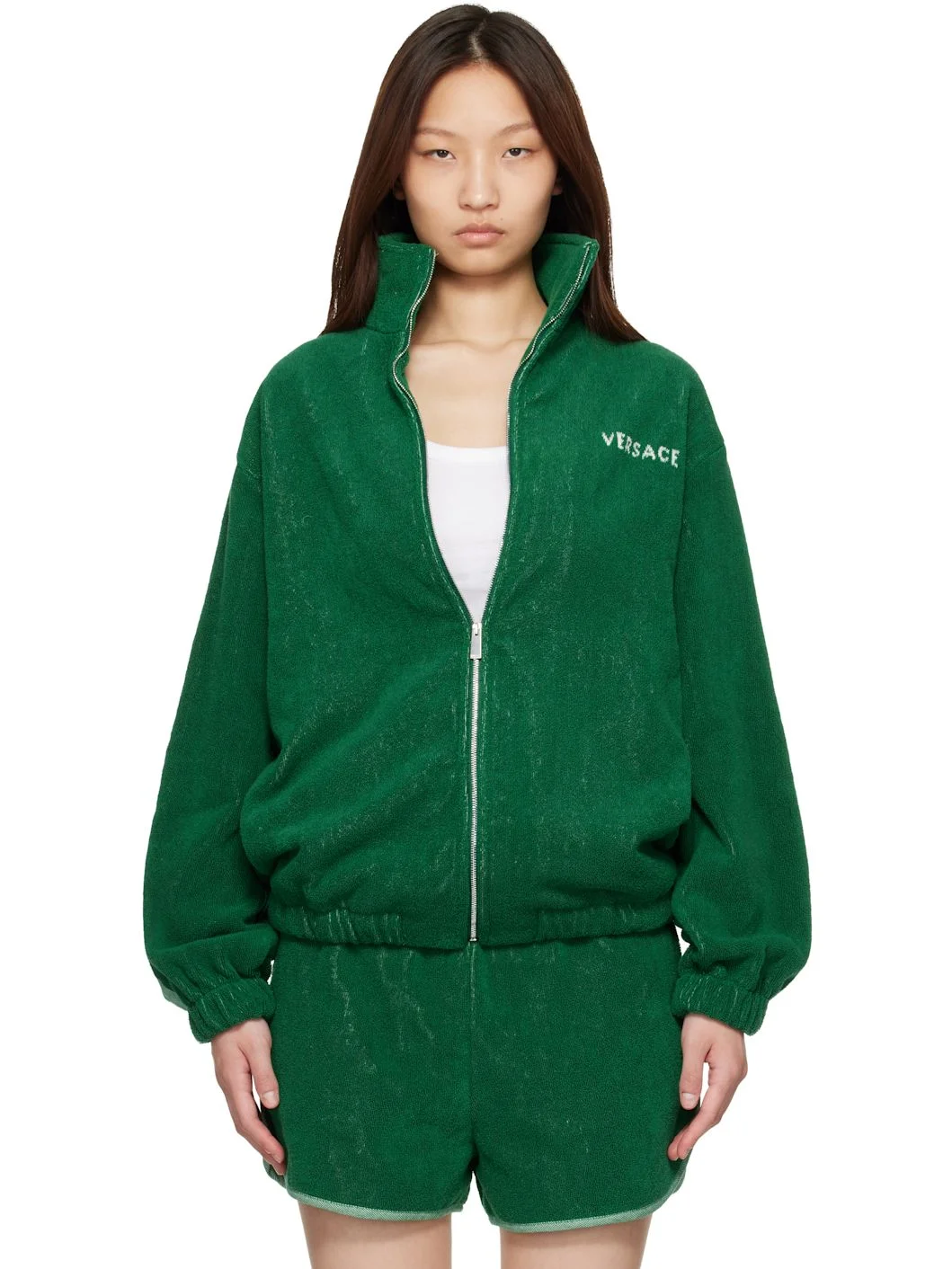 Green Cotton-Terry Jacquard Zip Jacket - 1