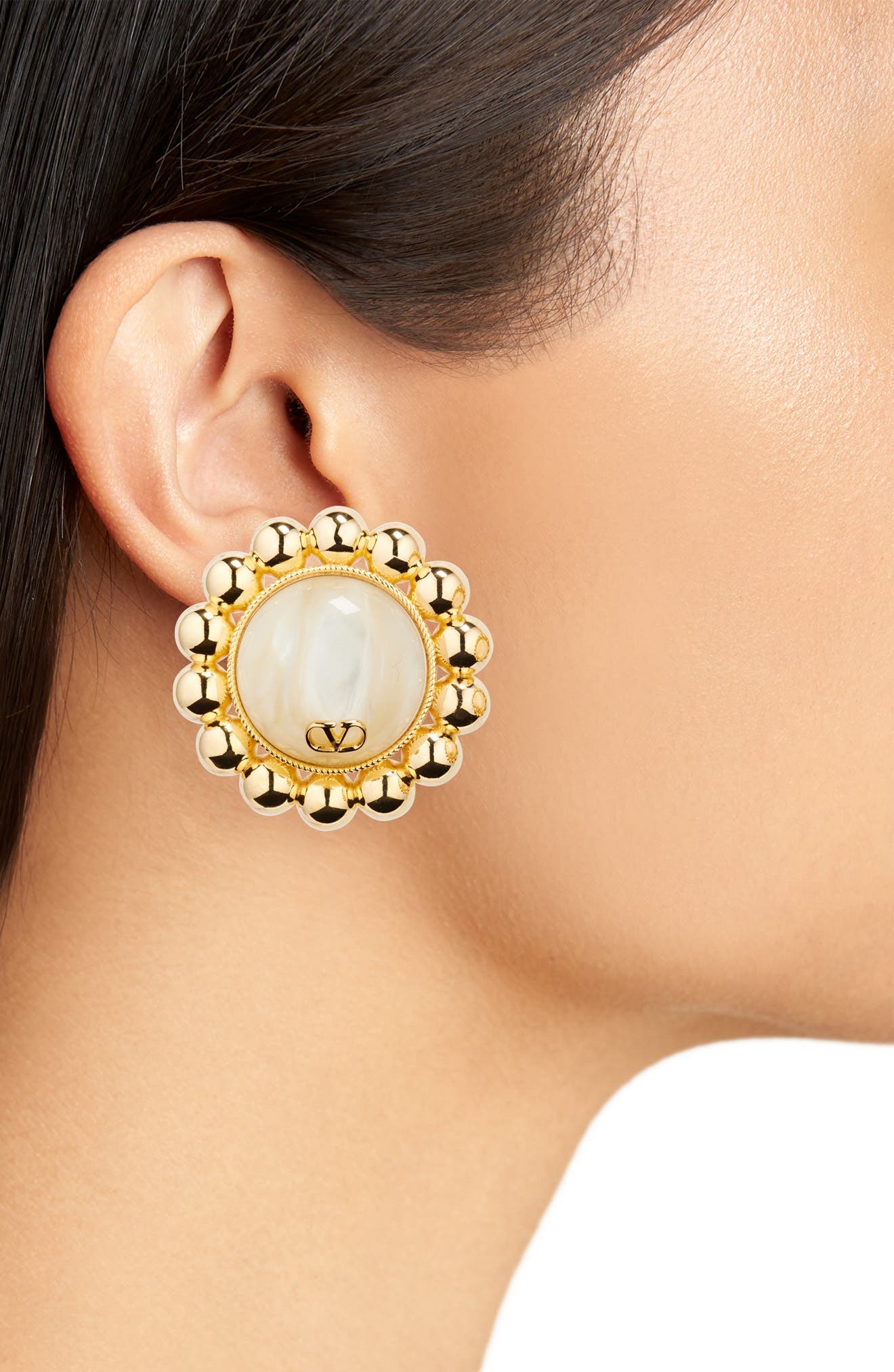 Valentino Garavani Pas Plus VLOGO Faux Pearl Clip-On Earrings in Gold/Cream at Nordstrom - 2