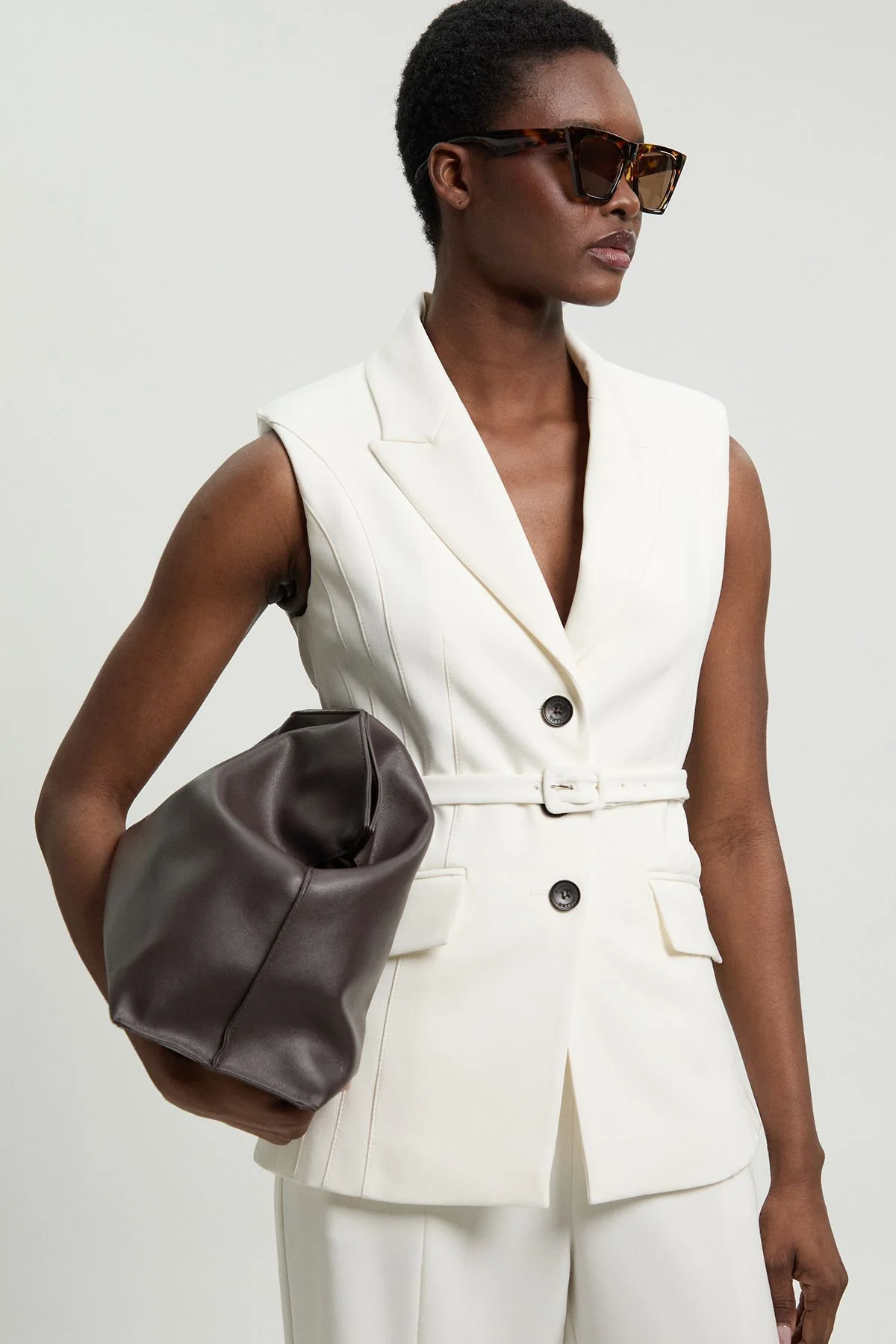 Petite Tailored Structured Crepe Belted Sleeveless Blazer - 1