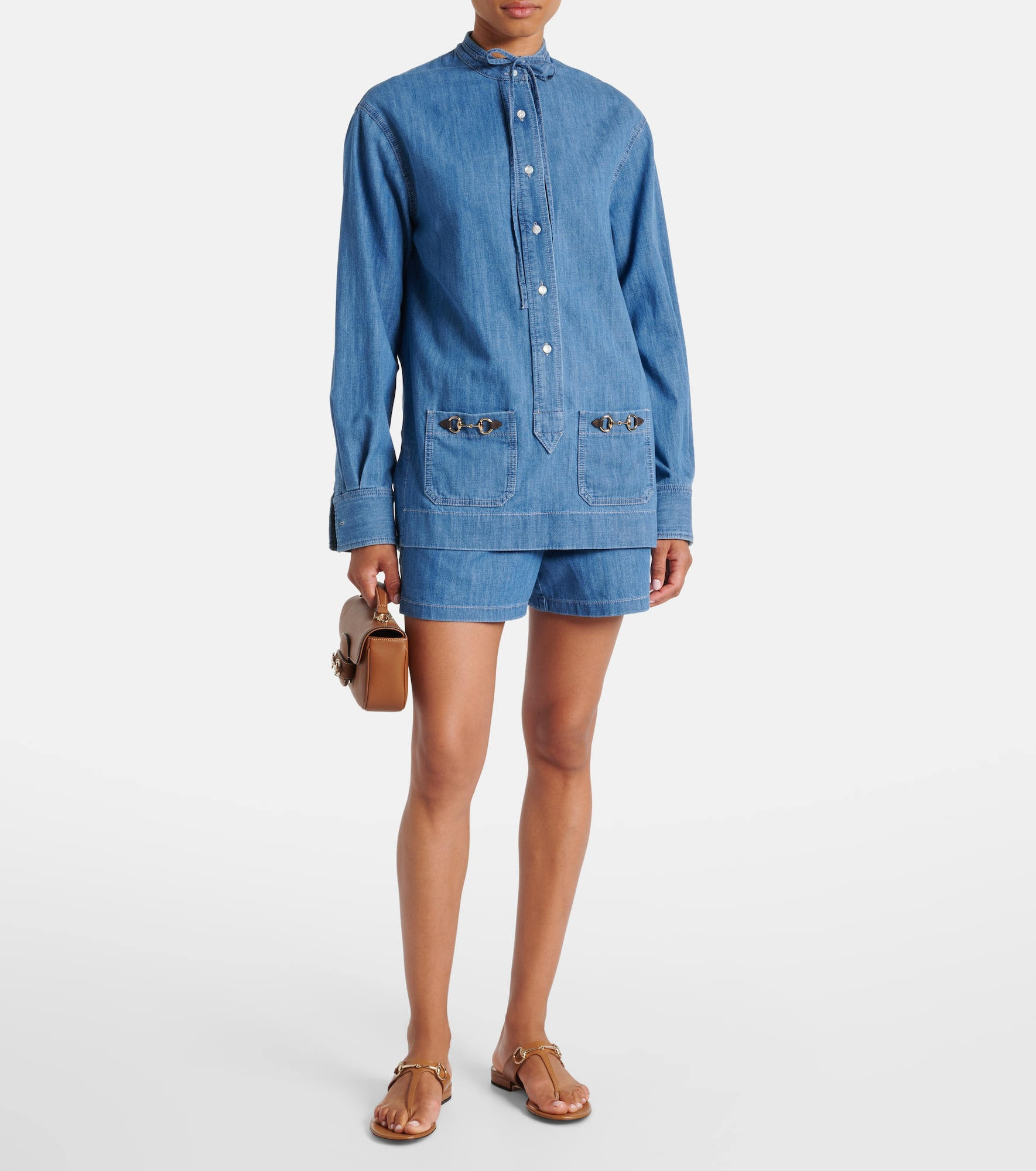 Horsebit leather-trimmed denim shirt - 2