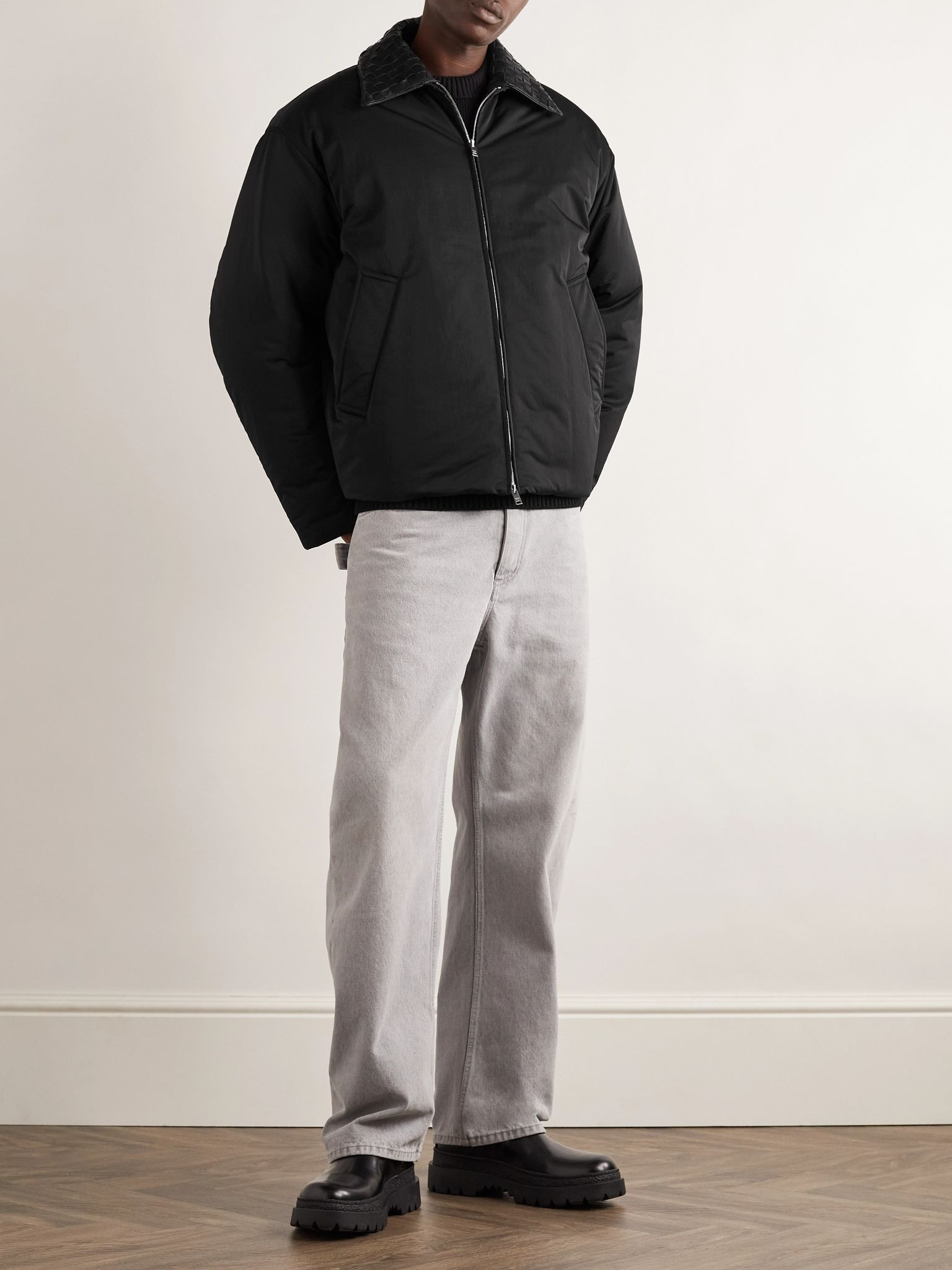 Intrecciato Leather-Trimmed Matte-Shell Down Jacket Black - 2