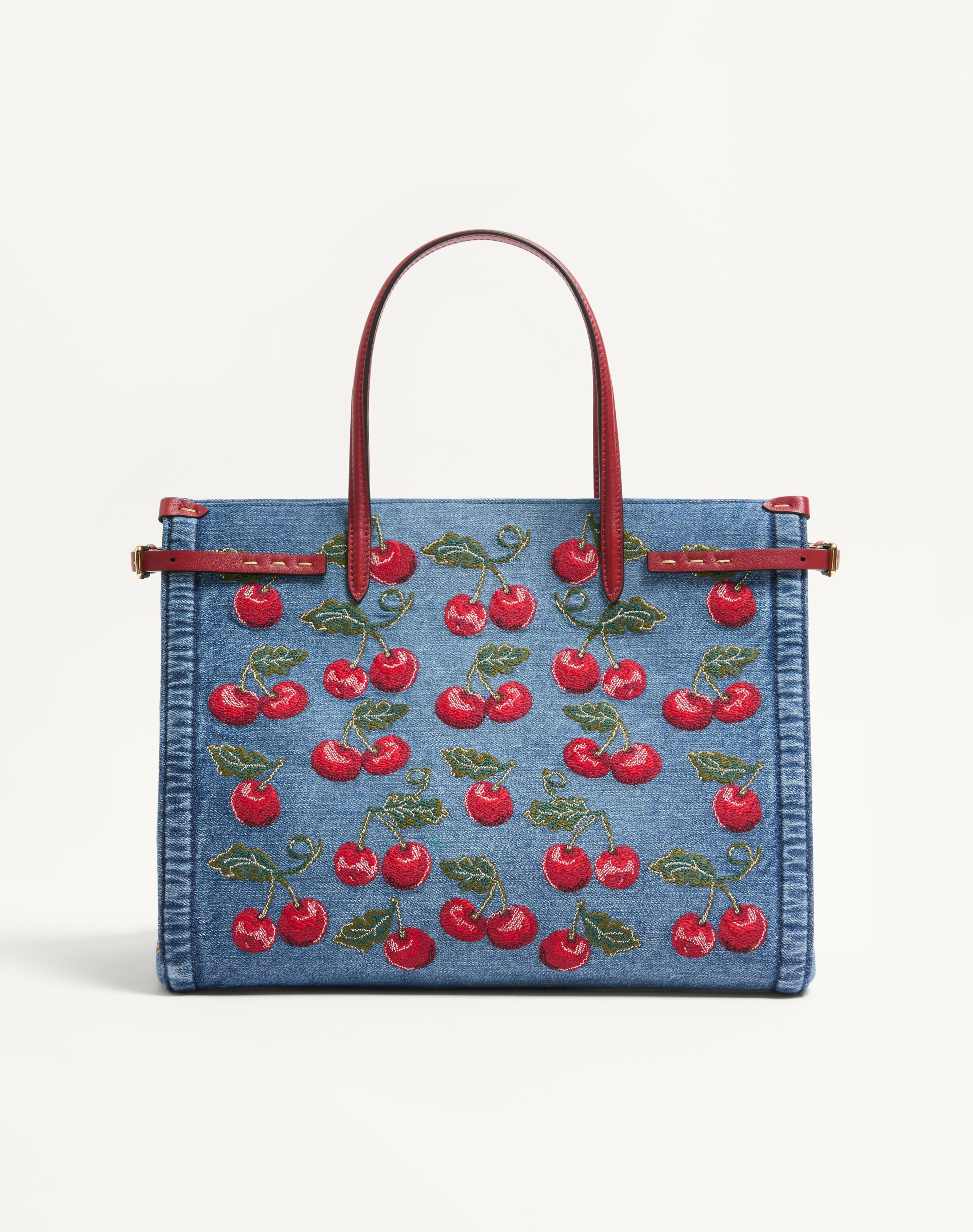 VALENTINO GARAVANI ANTIBES MEDIUM SHOPPING BAG IN DENIM WITH CHERRYFIC EMBROIDERY - 4