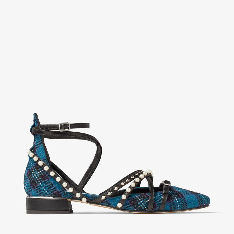 JIMMY CHOO Celestia 25 Peacock Tartan Fabric Pumps with Pearls and