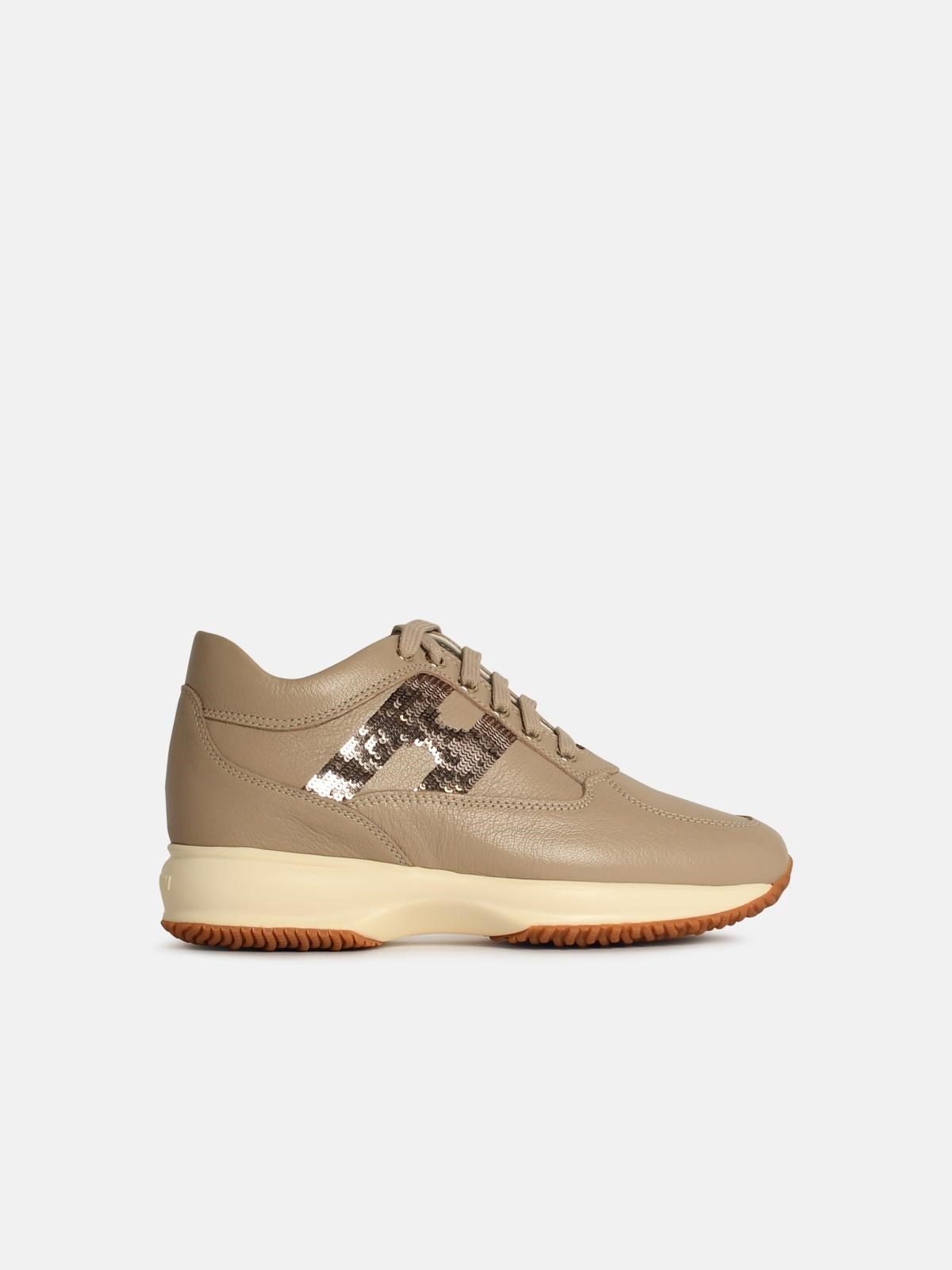 'INTERACTIVE' BEIGE LEATHER SNEAKERS - 1