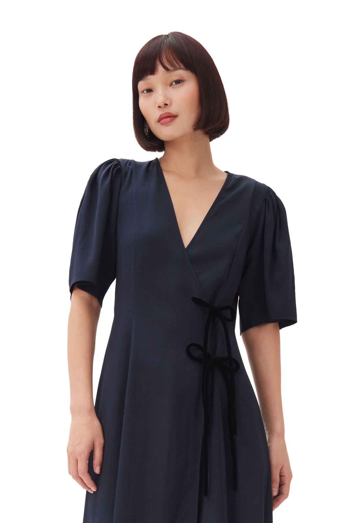 NAVY BLUE VISCOSE TWILL WRAP MIDI DRESS - 4