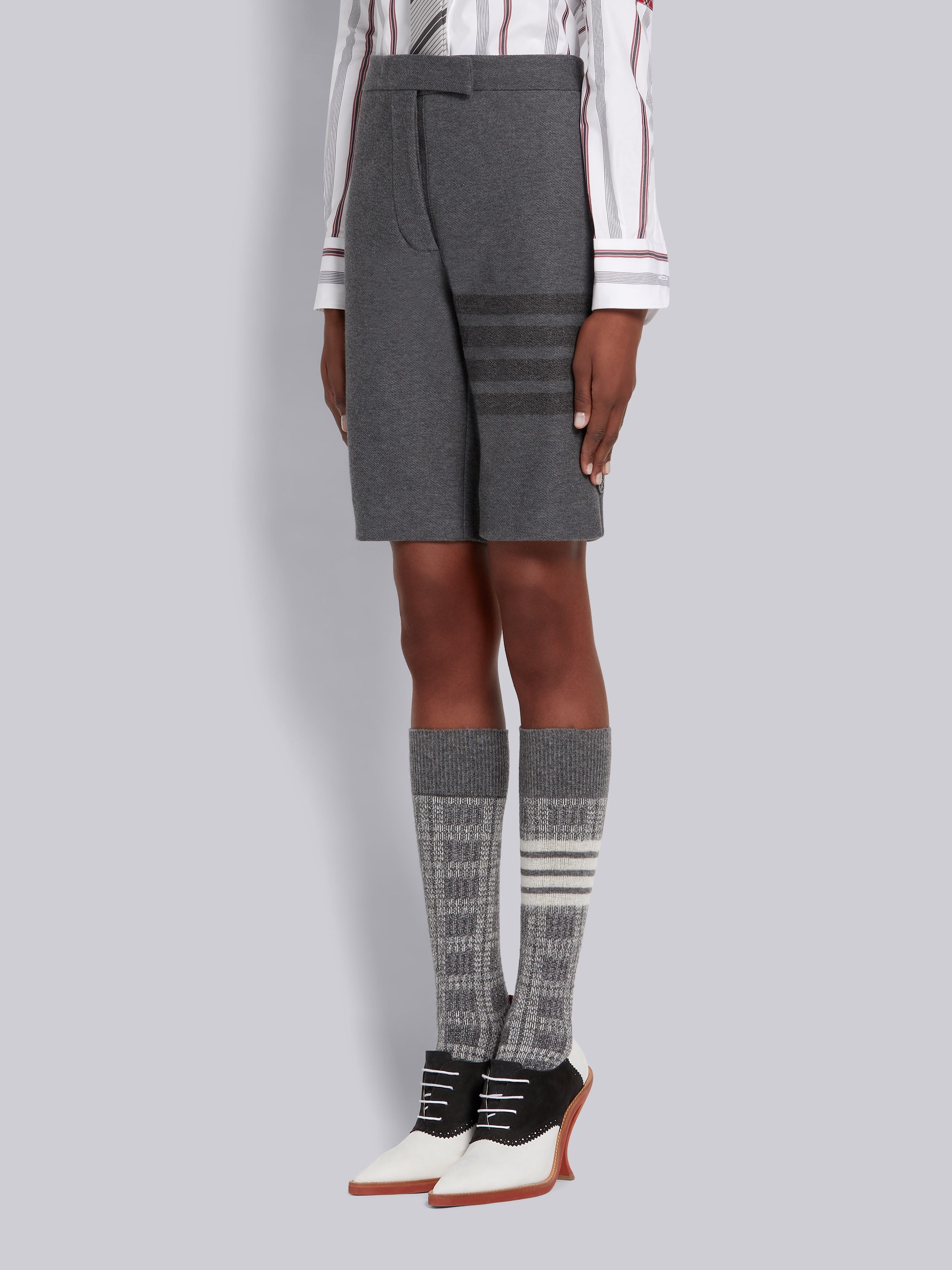 Medium Grey Double Face Tech Twill Tonal 4-Bar Bermuda Shorts - 3