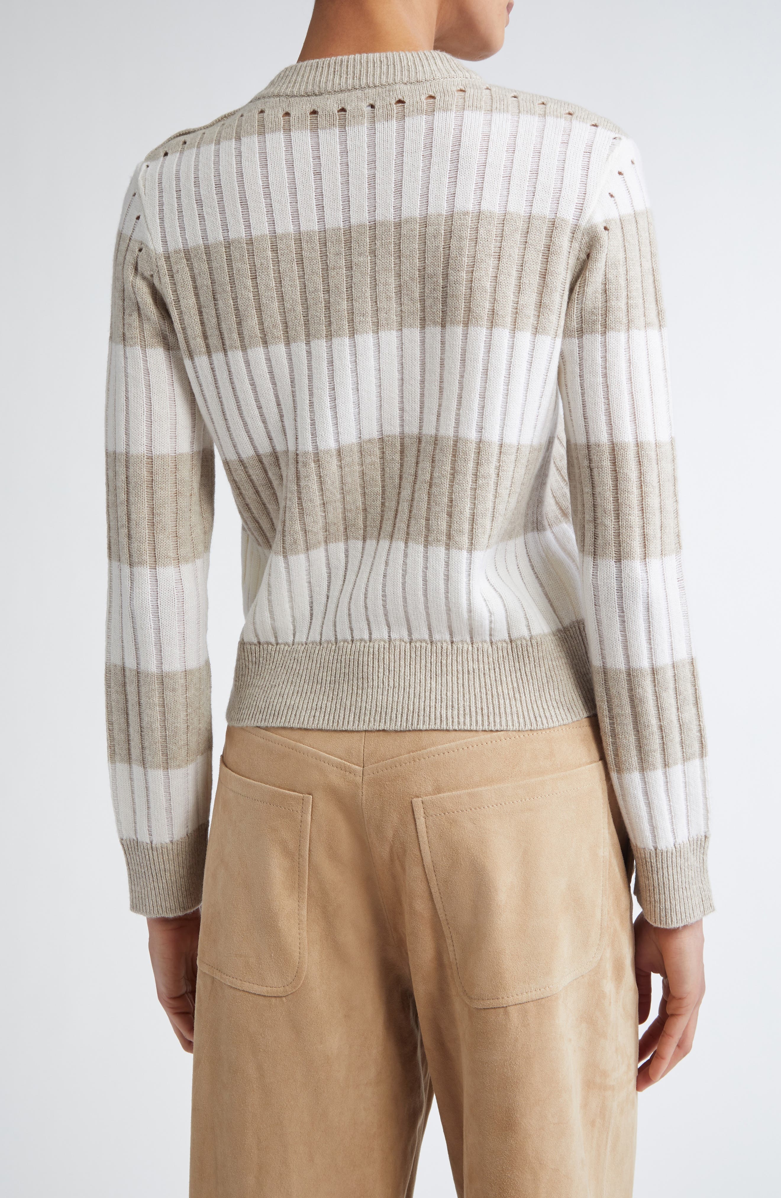 Max Mara Alfeo Stripe Rib Wool & Cashmere Crop Sweater in White at Nordstrom - 3