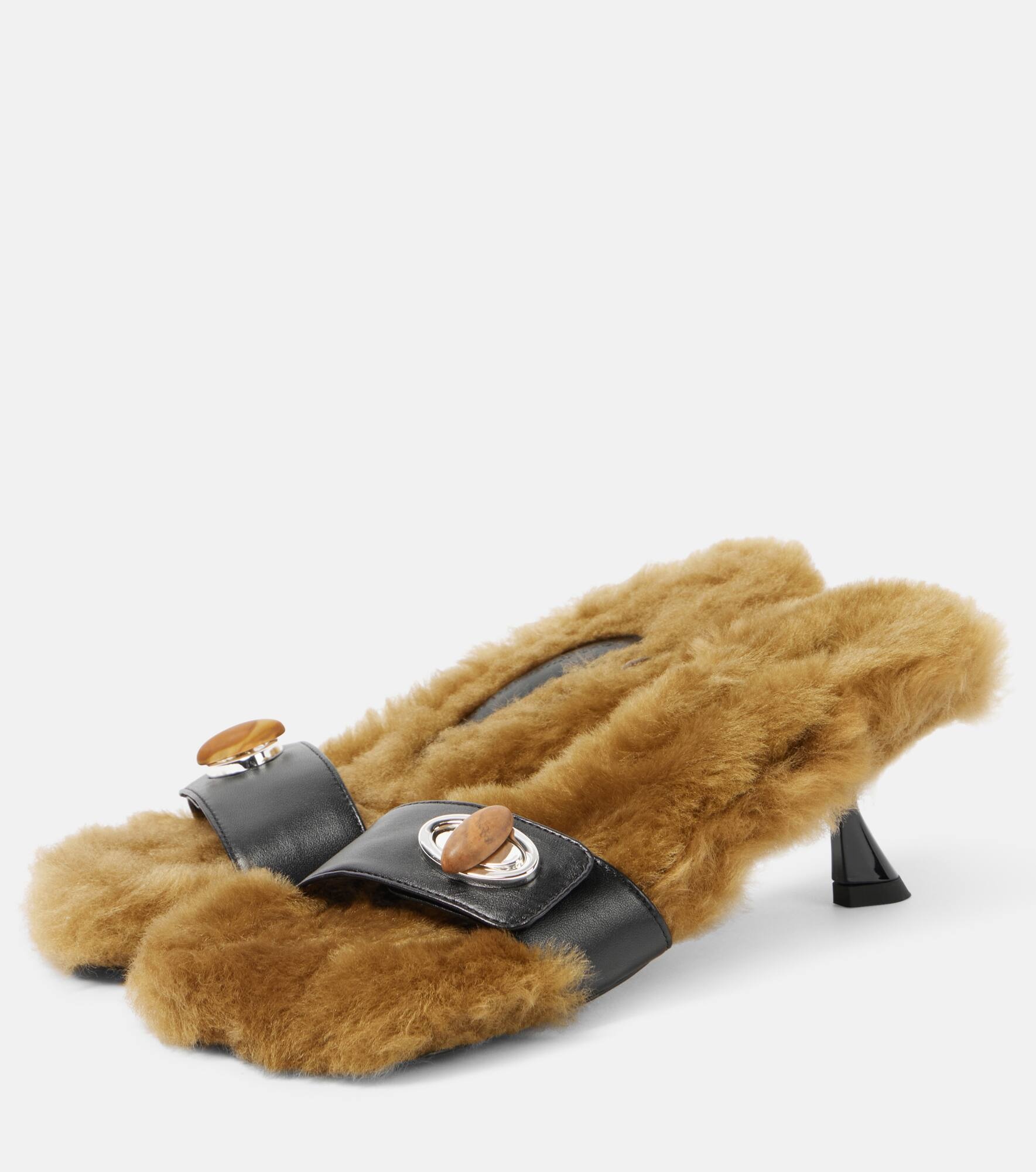 Turnlock shearling-trimmed mules - 4