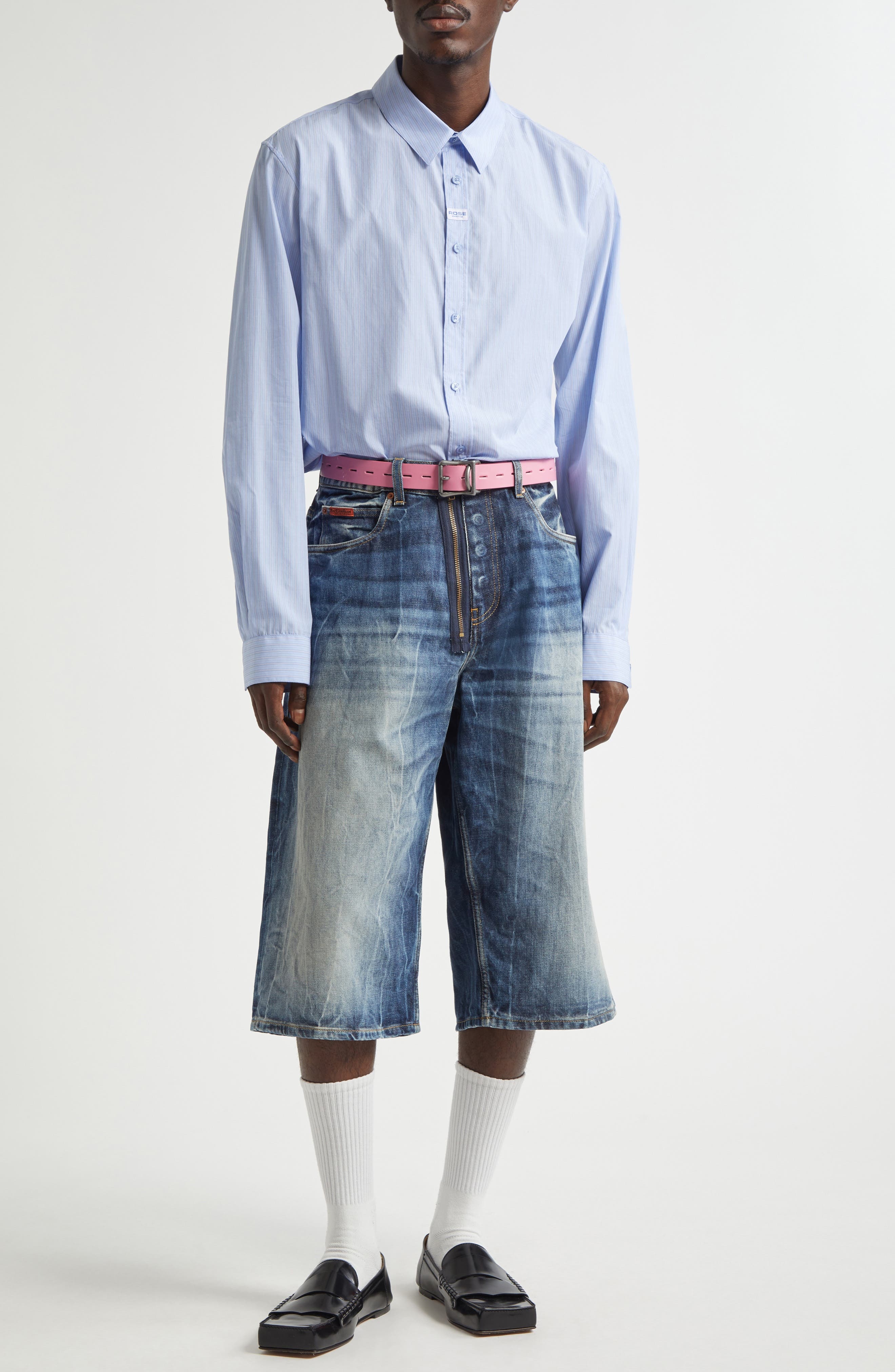 Martine Rose Classic Logo Stripe Button-Up Shirt in Blue-White Stripe at Nordstrom - 7
