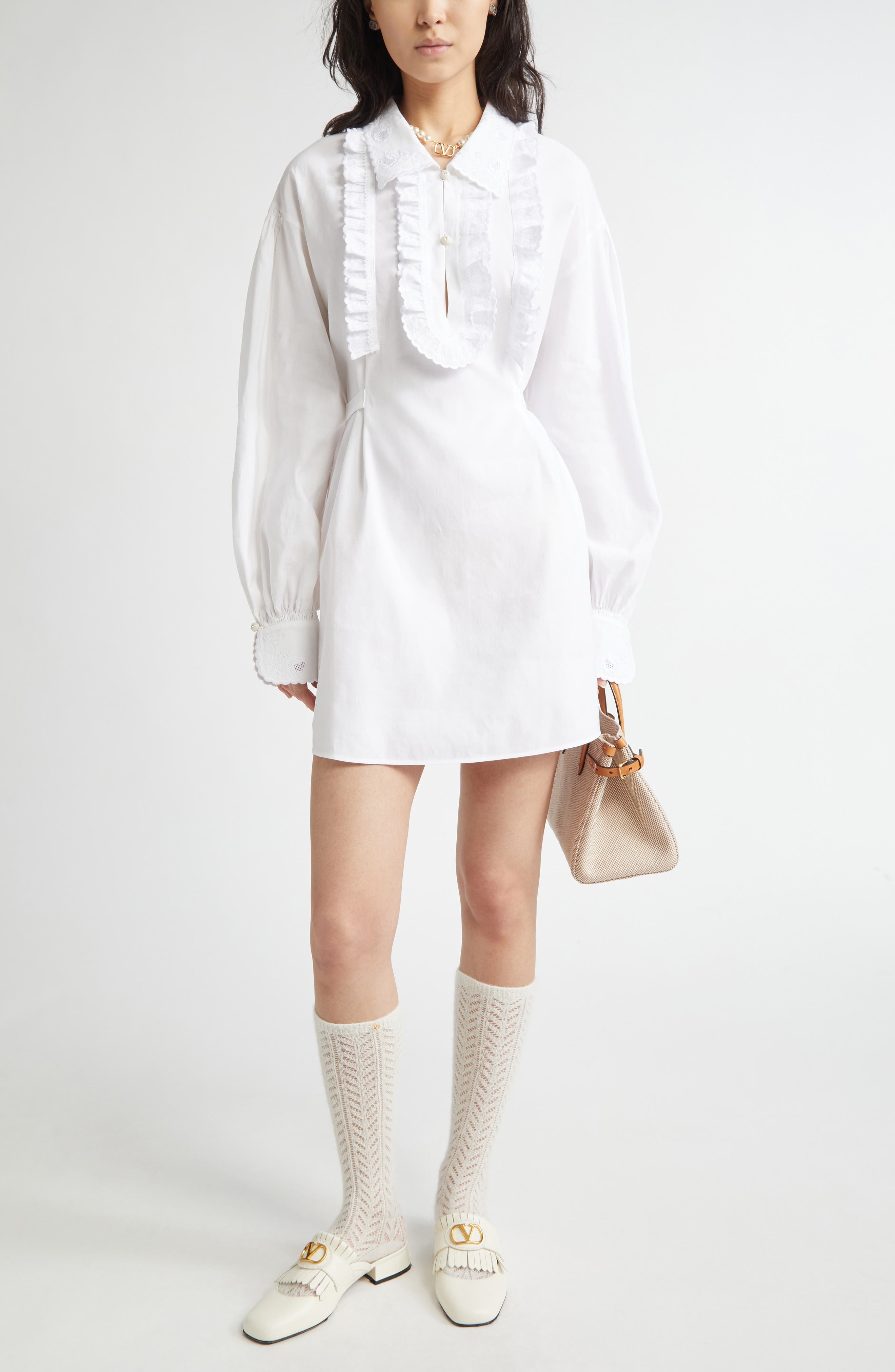 Valentino Garavani Floral Embroidered Ruffle Long Sleeve Minidress in White at Nordstrom - 1