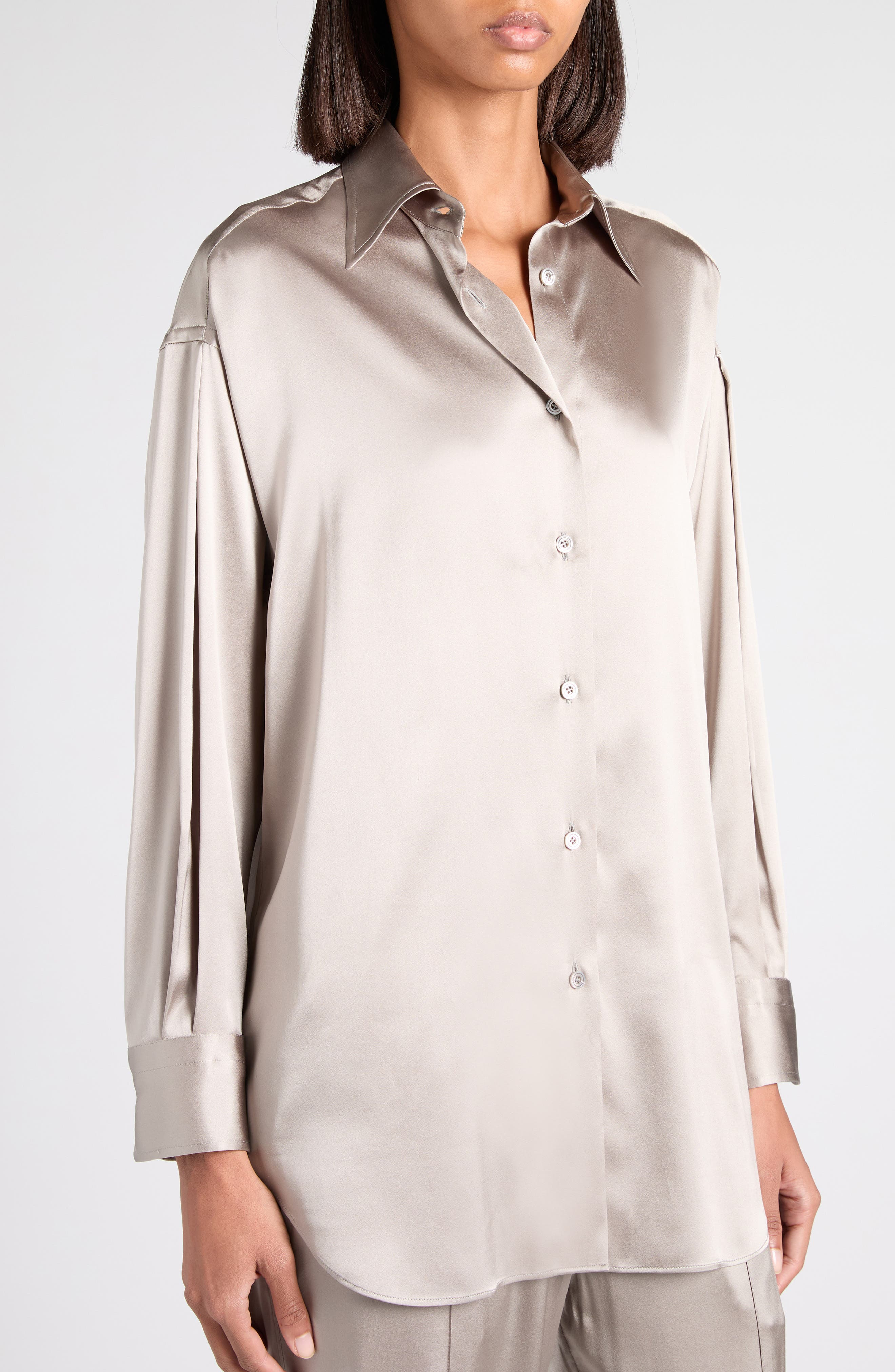 TOM FORD Relaxed Fit Stretch Silk Satin Blouse in Ig606 Dark Silver at Nordstrom - 4