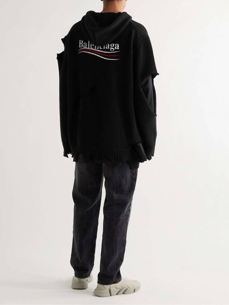 BALENCIAGA Oversized Distressed Logo-Print Cotton Hoodie outlook
