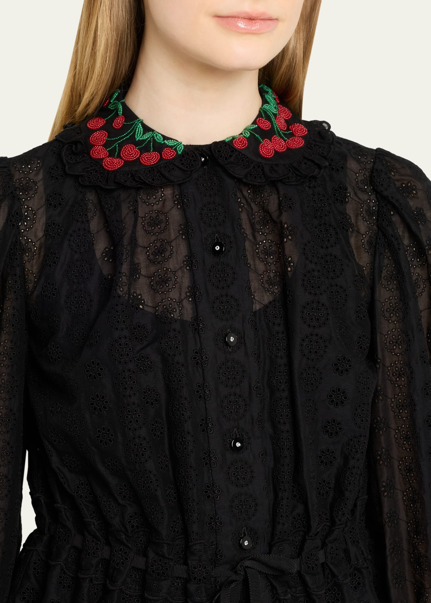 Cherry Embroidered Daisy Sangallo Self-Tie Blouse - 5