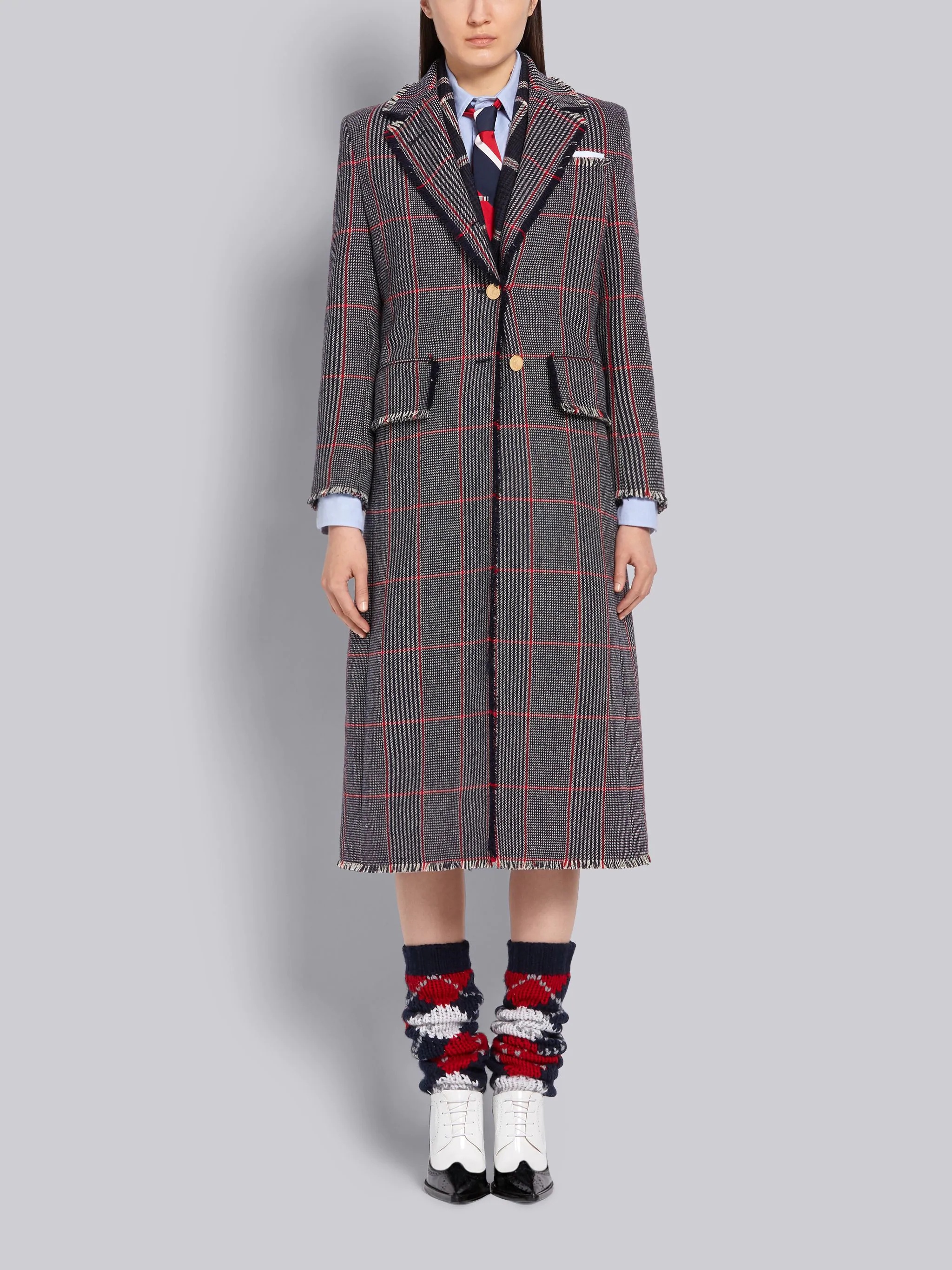 Tricolor Oversized Check Hunting Wool Tweed Frayed Wide Lapel Overcoat - 1