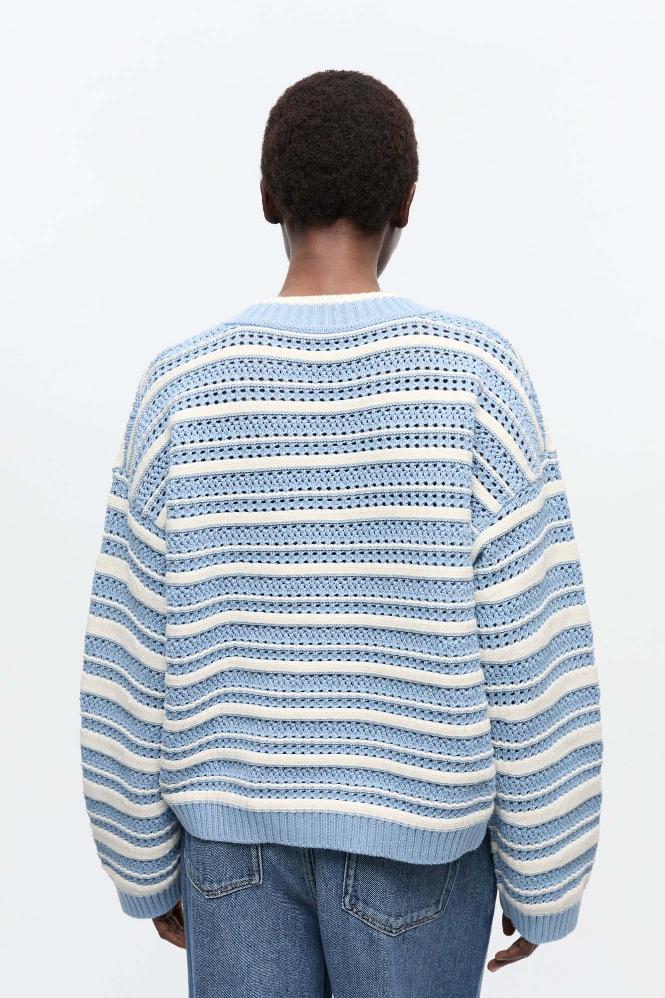 BLUE STRIPED COTTON V-NECK SWEATER - 4