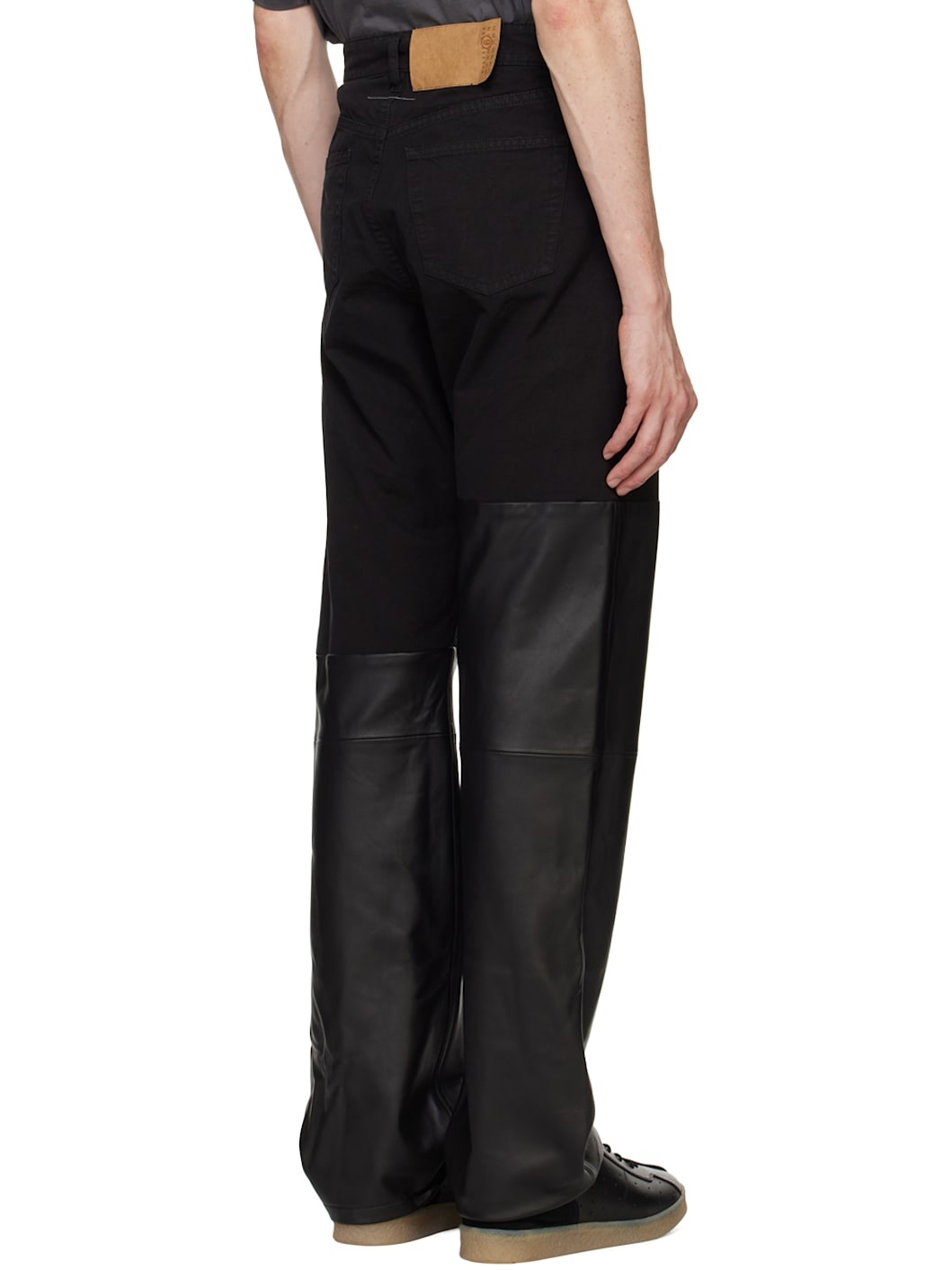Black Paneled Leather Jeans - 3