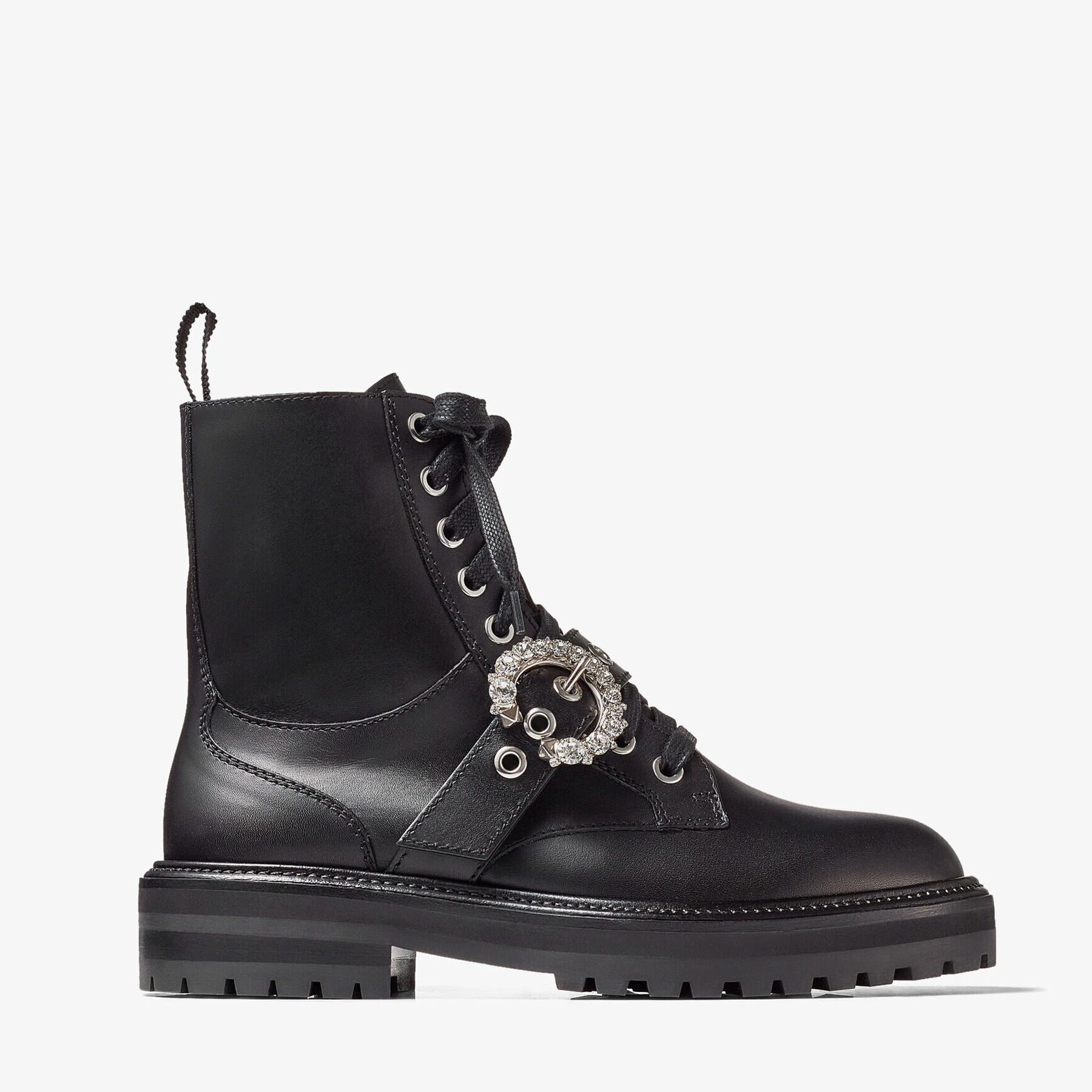 Cora Flat
Black Soft Calf Leather Combat Boots with Crystal Buckle - 1