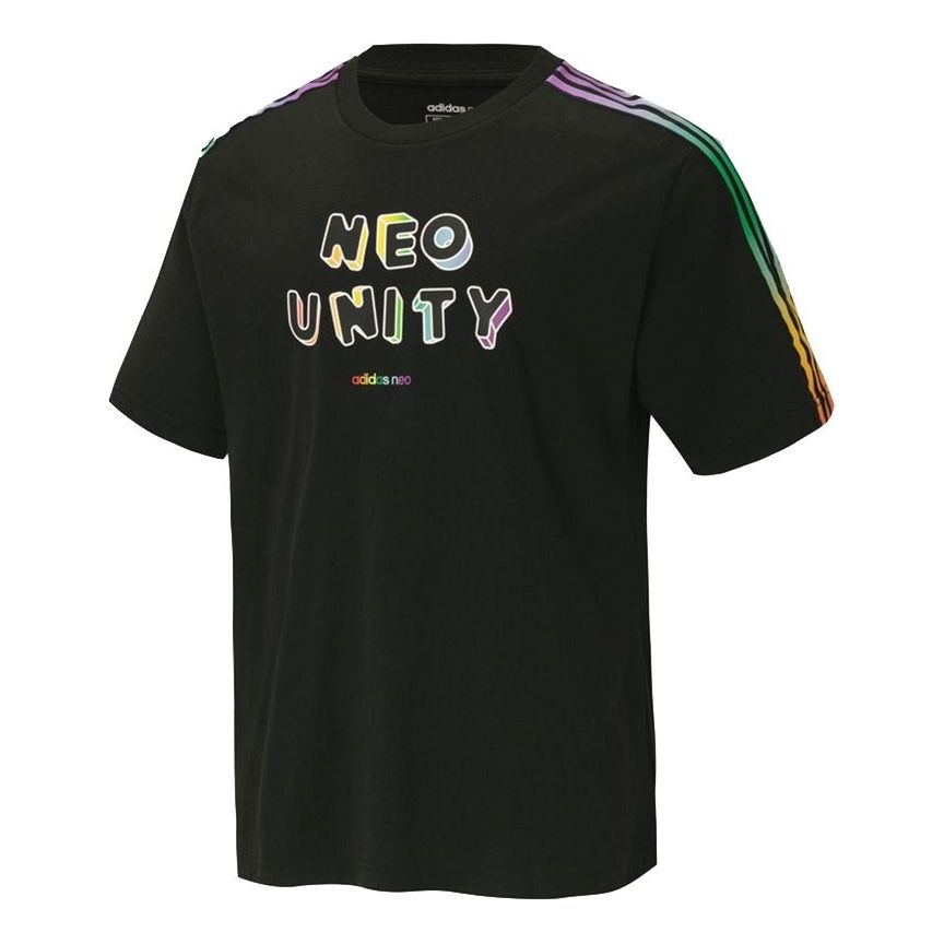 adidas neo U Pd Tee2 Gradient Stripe sAlphabet Printing Knitting Sport Short Sleeve Men s Black H650 - 1