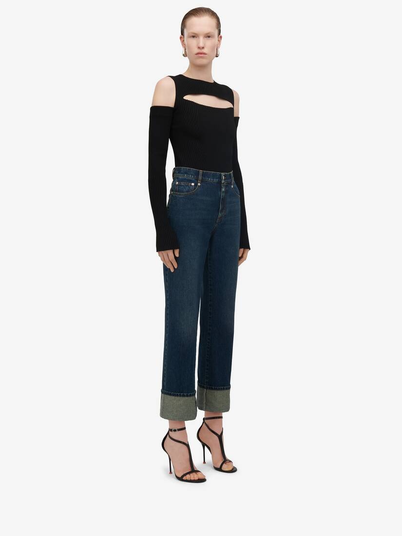 Women's Slashed Knit Top in Black - 4