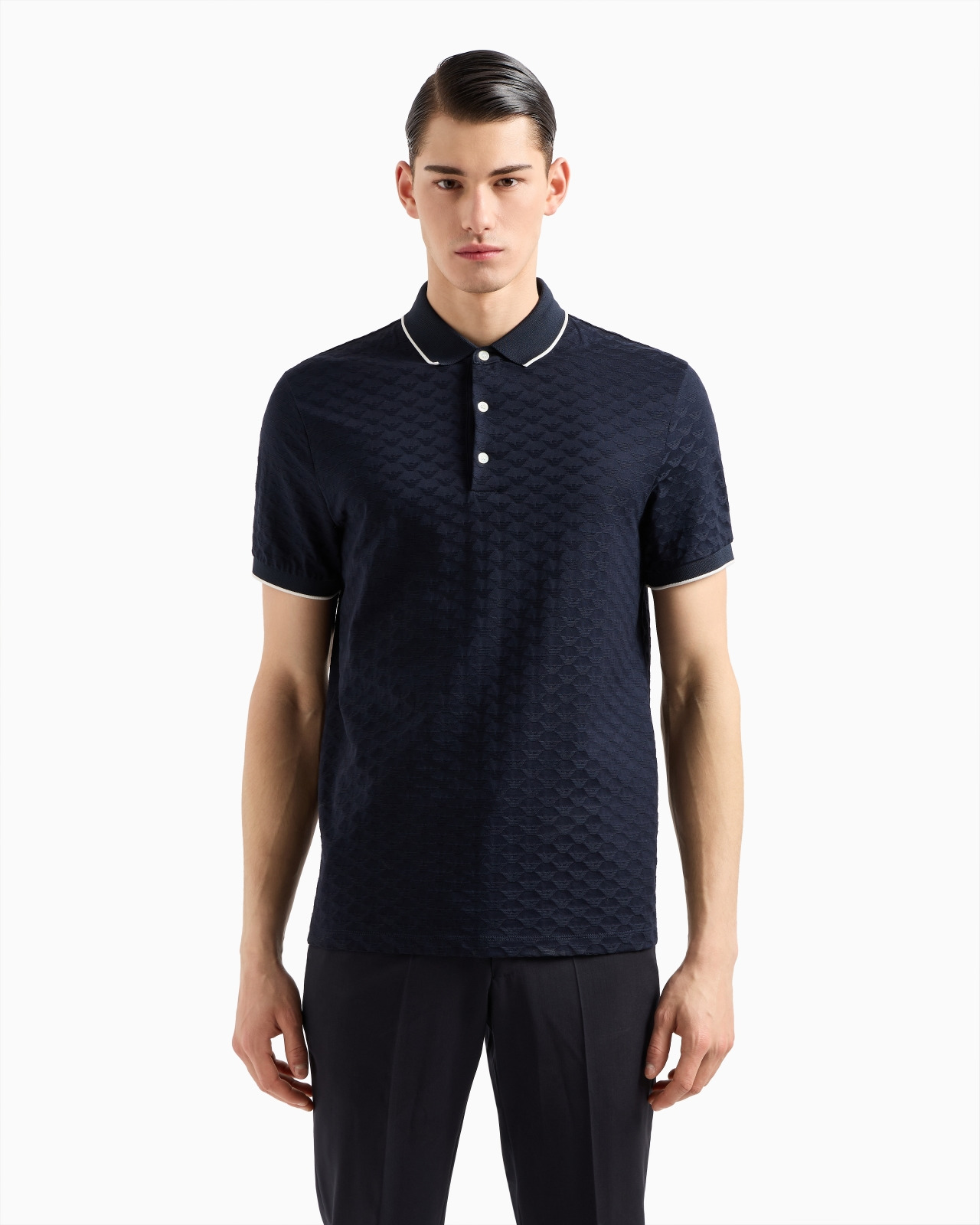 Mercerised jersey polo shirt with all-over jacquard eagle - 4