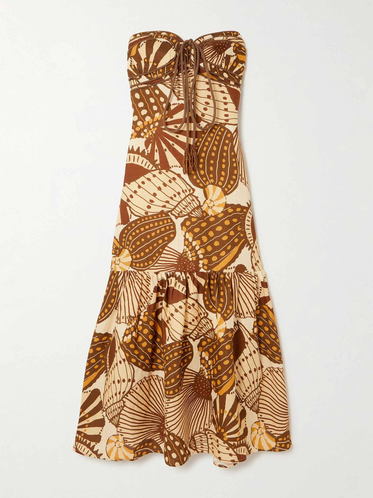Tasseled shirred printed linen halterneck maxi dress Cream - 1