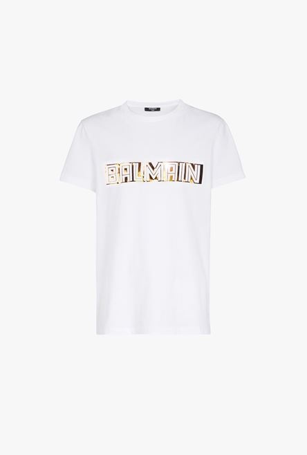 White cotton T-shirt with gold Balmain logo - 1