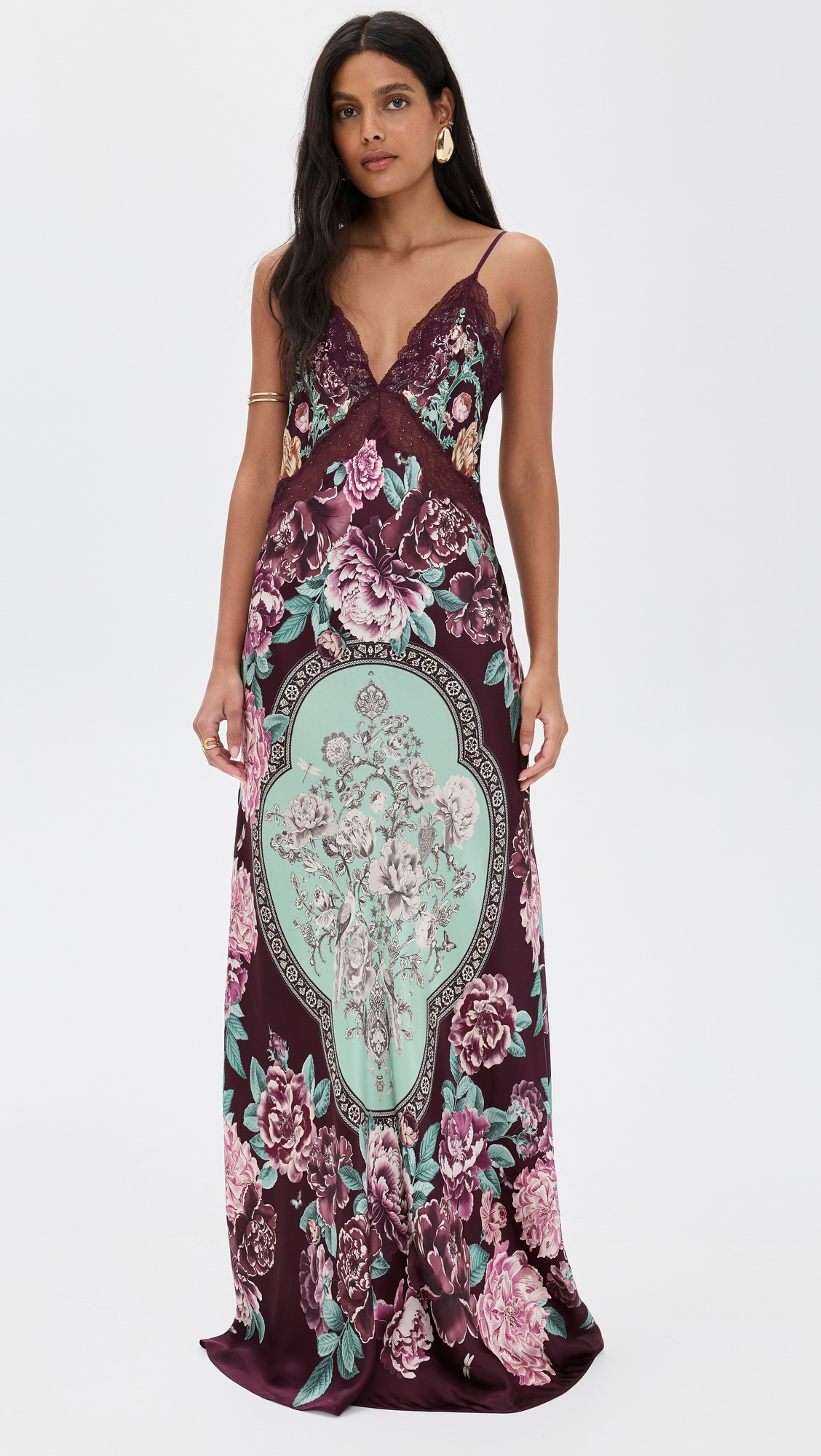 V Neck Long Bias Silk Slip Dress with Train - 6