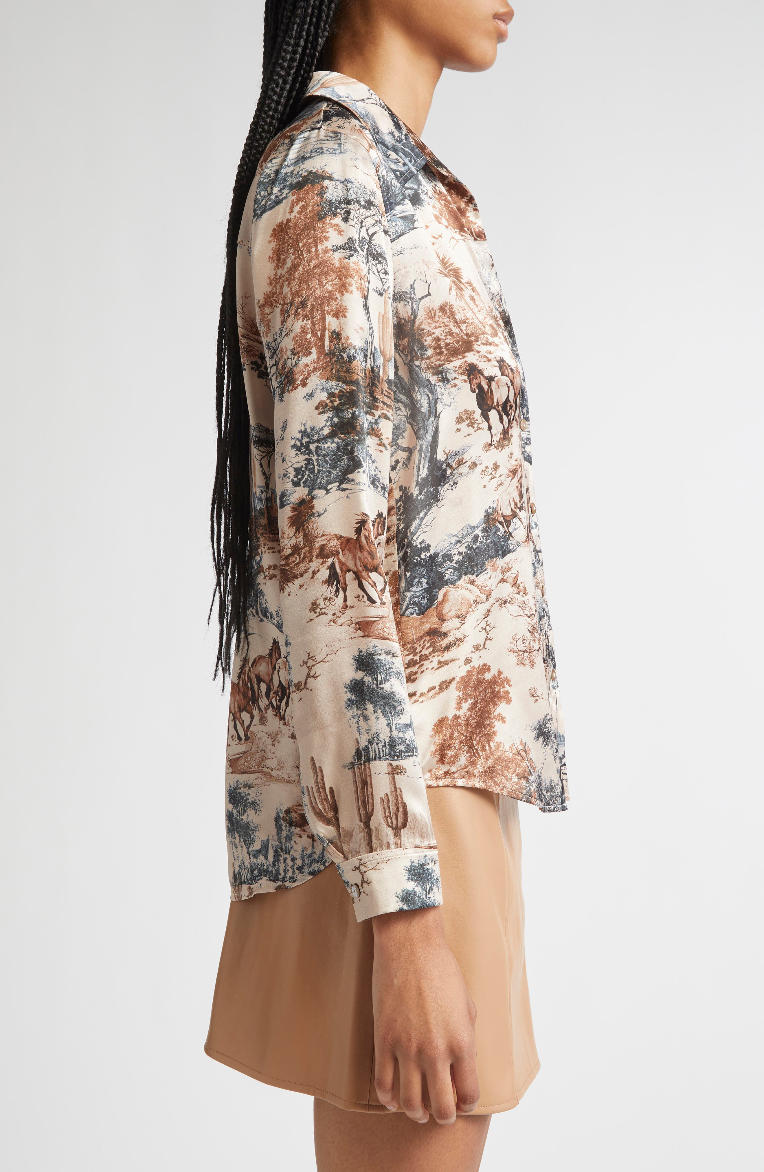 L'AGENCE Tyler Print Silk Button-Up Shirt in Tan Mt Western Toile at Nordstrom - 4