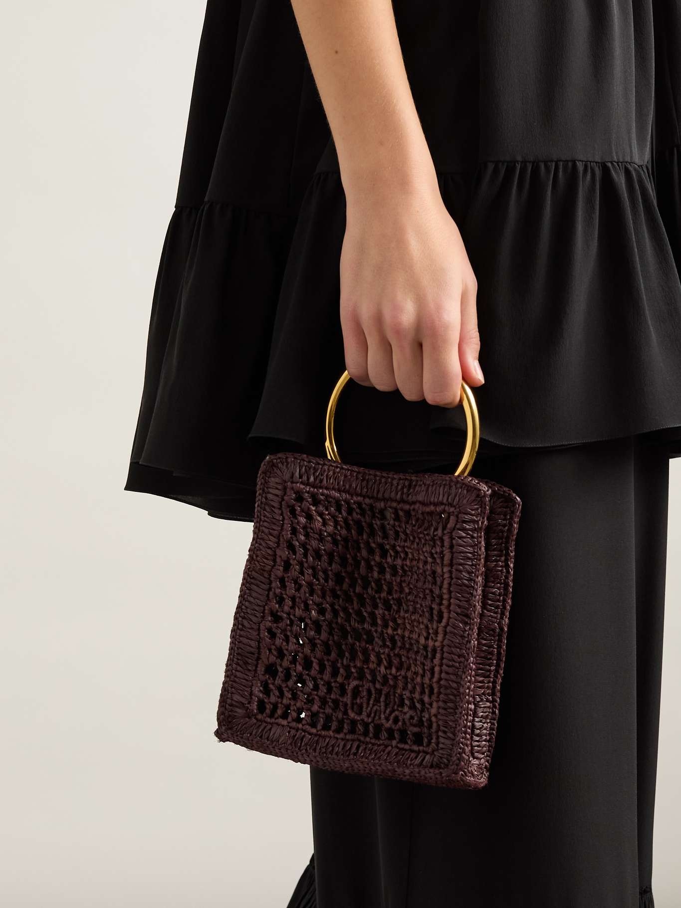 Summer Banana small leather-trimmed woven raffia tote bag Dark brown - 6