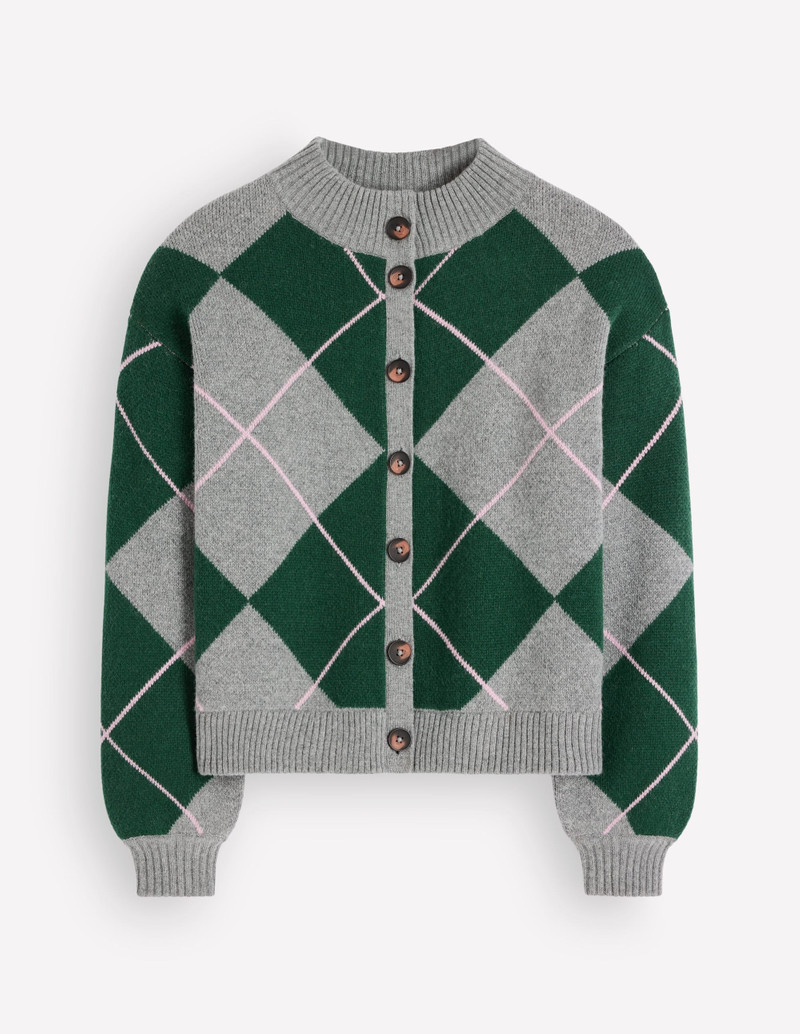 Jemma Jacquard Knit Cardigan-Hunter Green Argyle - 1