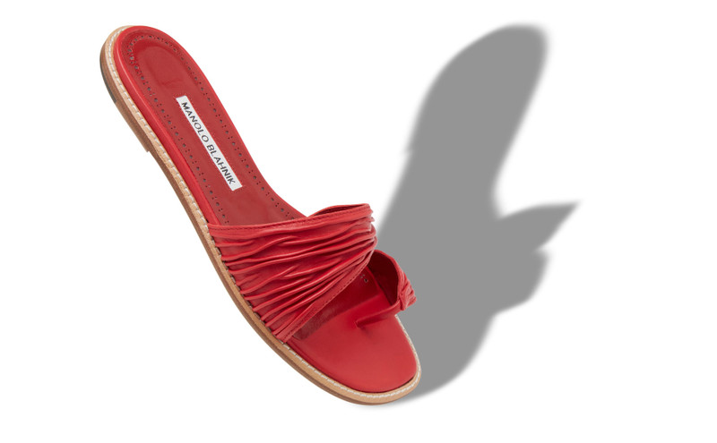 Manolo Blahnik Red Nappa Leather Gathered Flat Sandals outlook