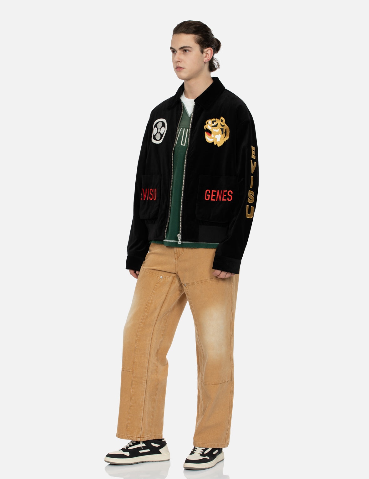 TIGER AND LOGO EMBROIDERY OVERSIZED VELVET BOMBER JACKET - 4