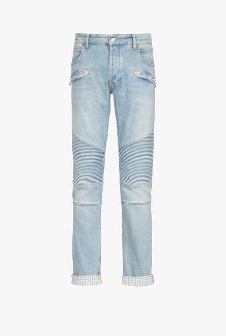 Slim cut faded and ridged light blue eco-designed denim cotton jeans with Balmain monogram on hem - 1