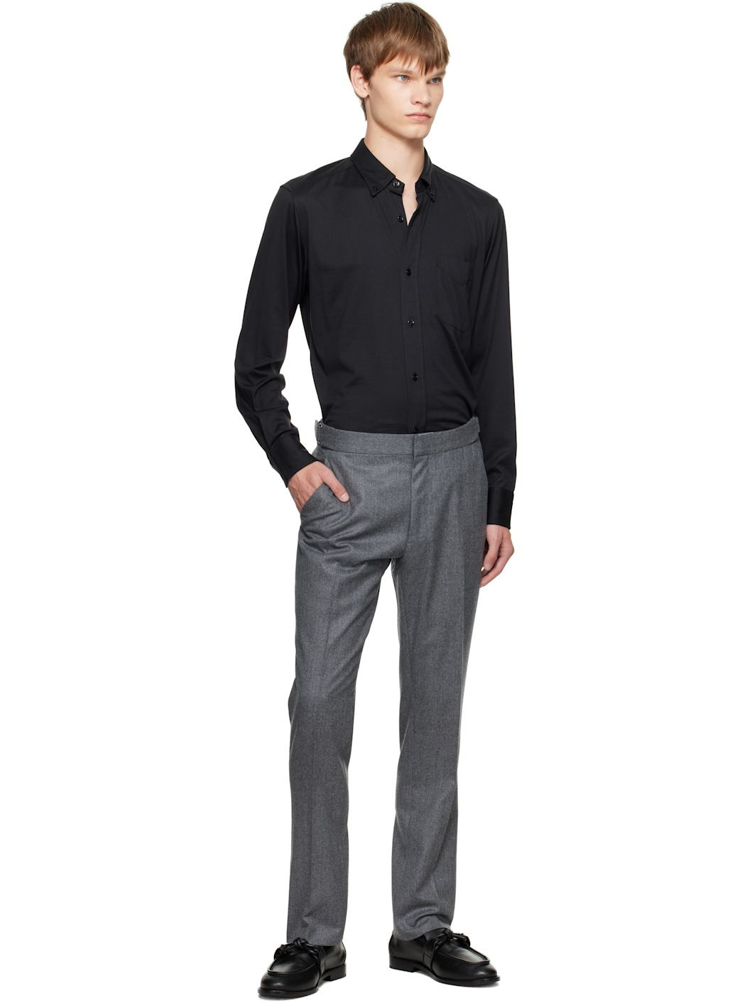 Black Silk Cotton Blend Button Down Shirt - 5