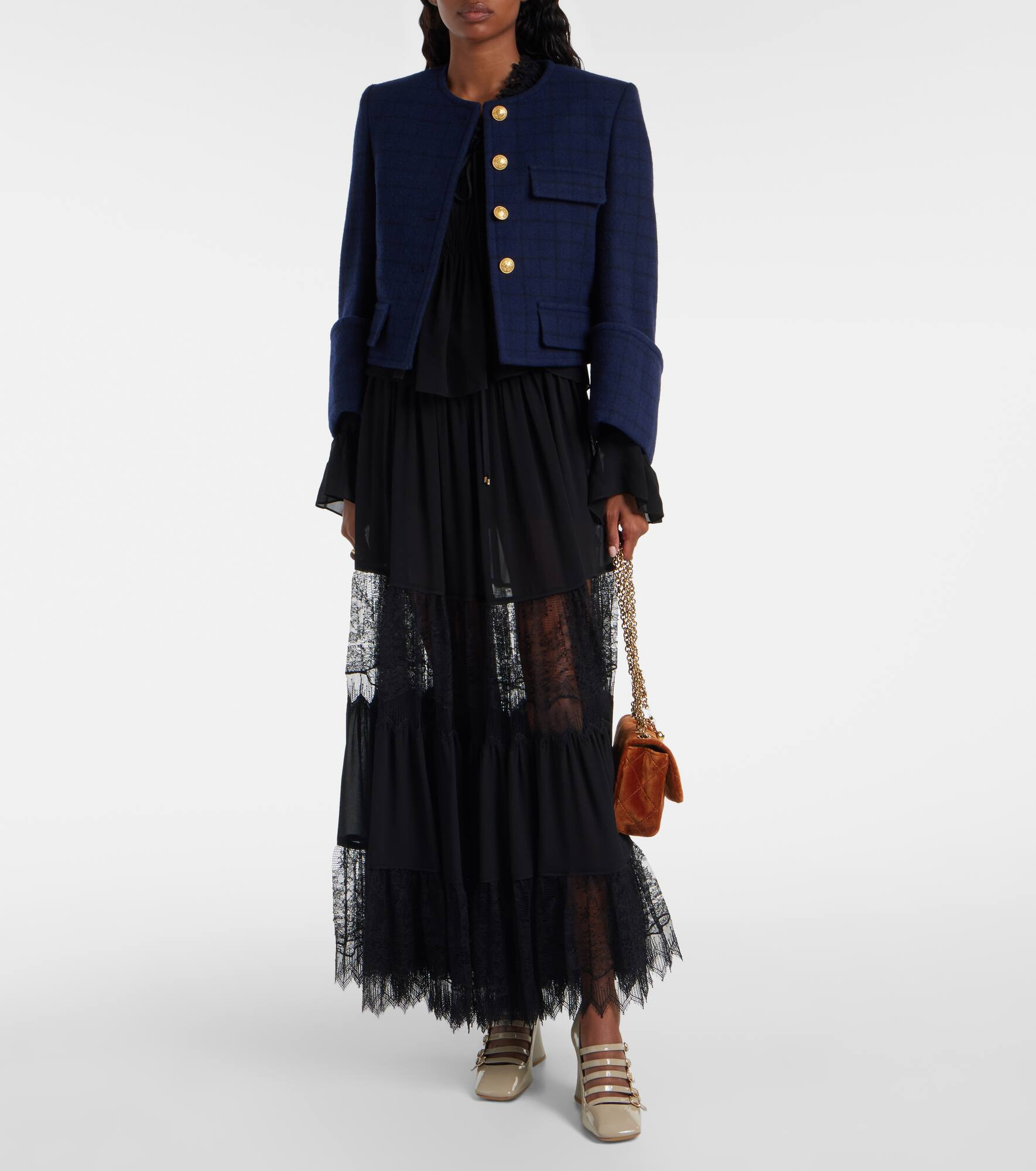 Checked cropped wool-blend jacket - 2