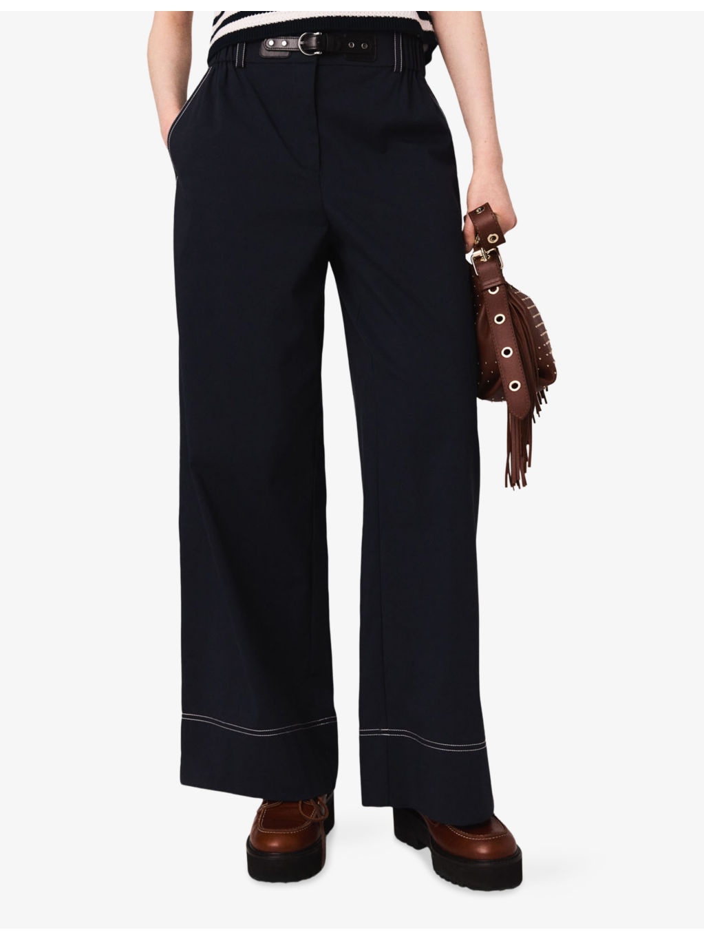 Belted-Waist Contrast-Stitch Stretch-Cotton Trousers - 3