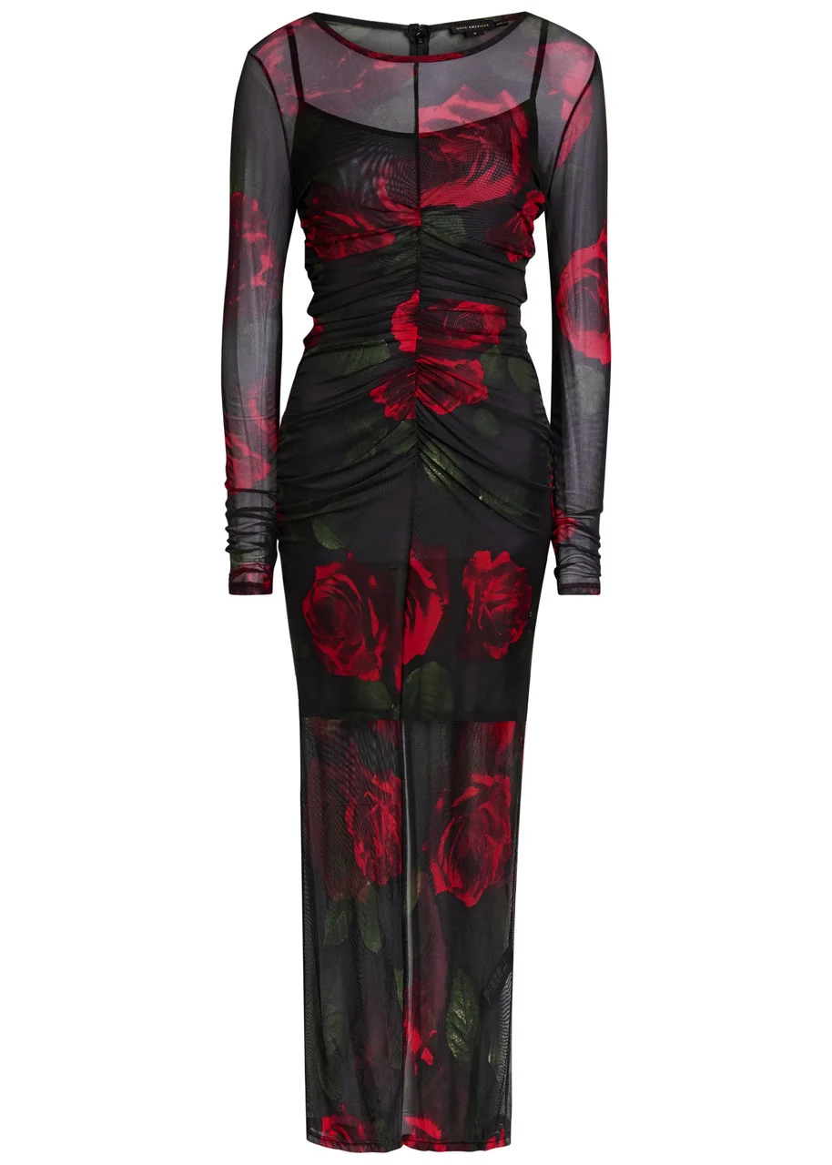 Good American Floral-print Ruched Mesh Maxi Dress - 1
