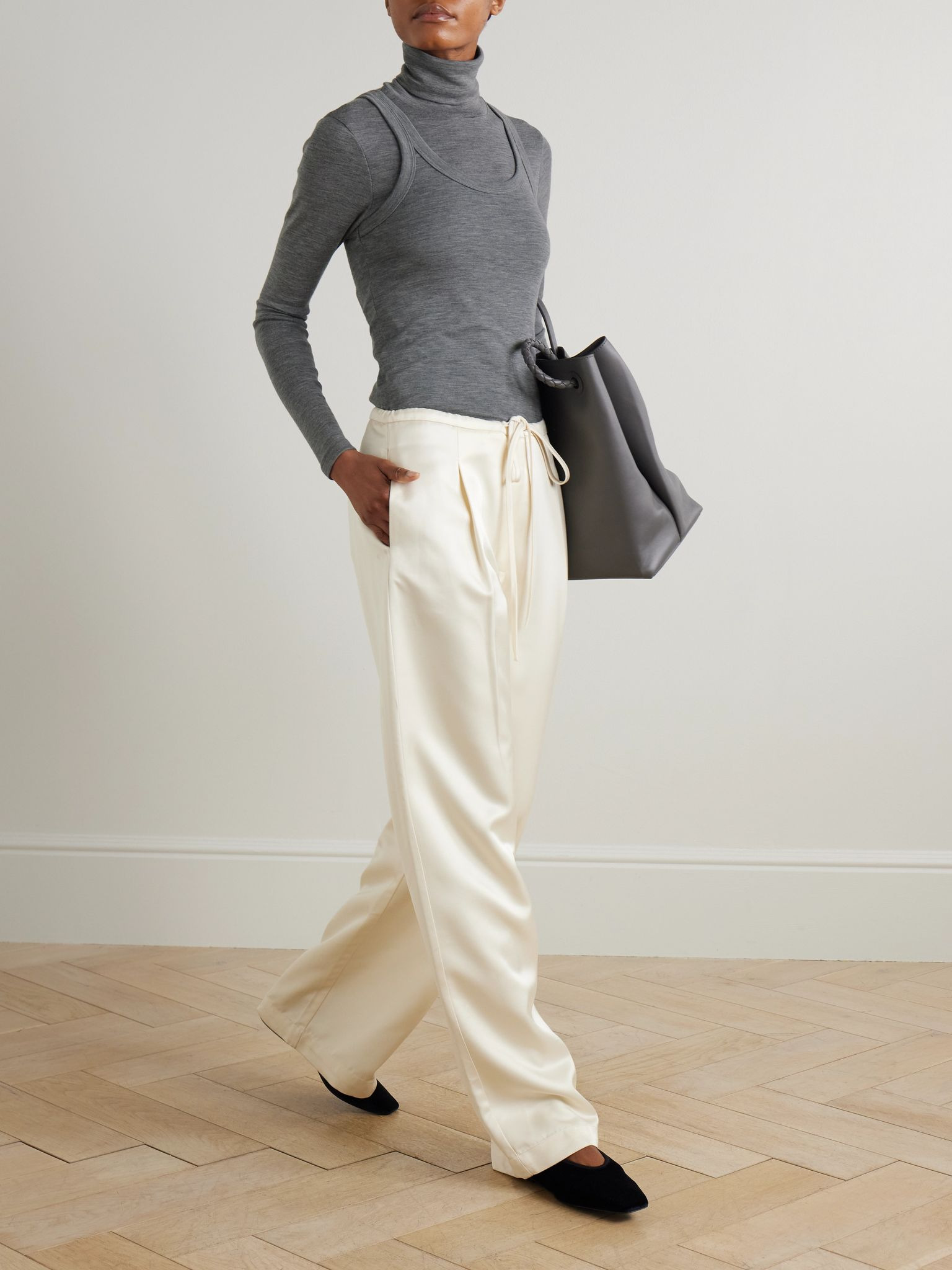 Convertible layered merino wool-jersey turtleneck top Charcoal - 2