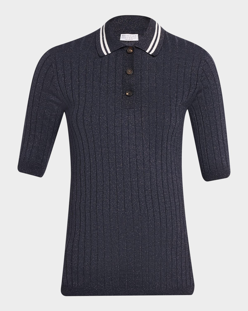 Shimmering Cashmere Rib Short-Sleeve Polo Sweater 1