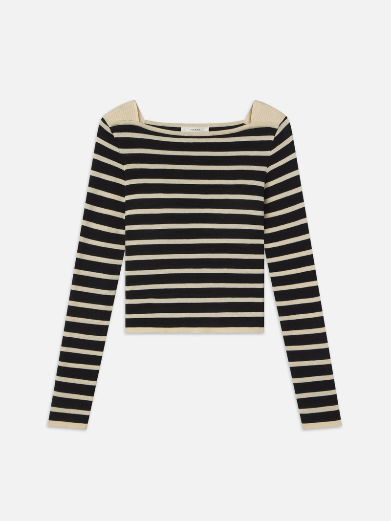 Striped Boatneck Sweater in Black Multi 1
