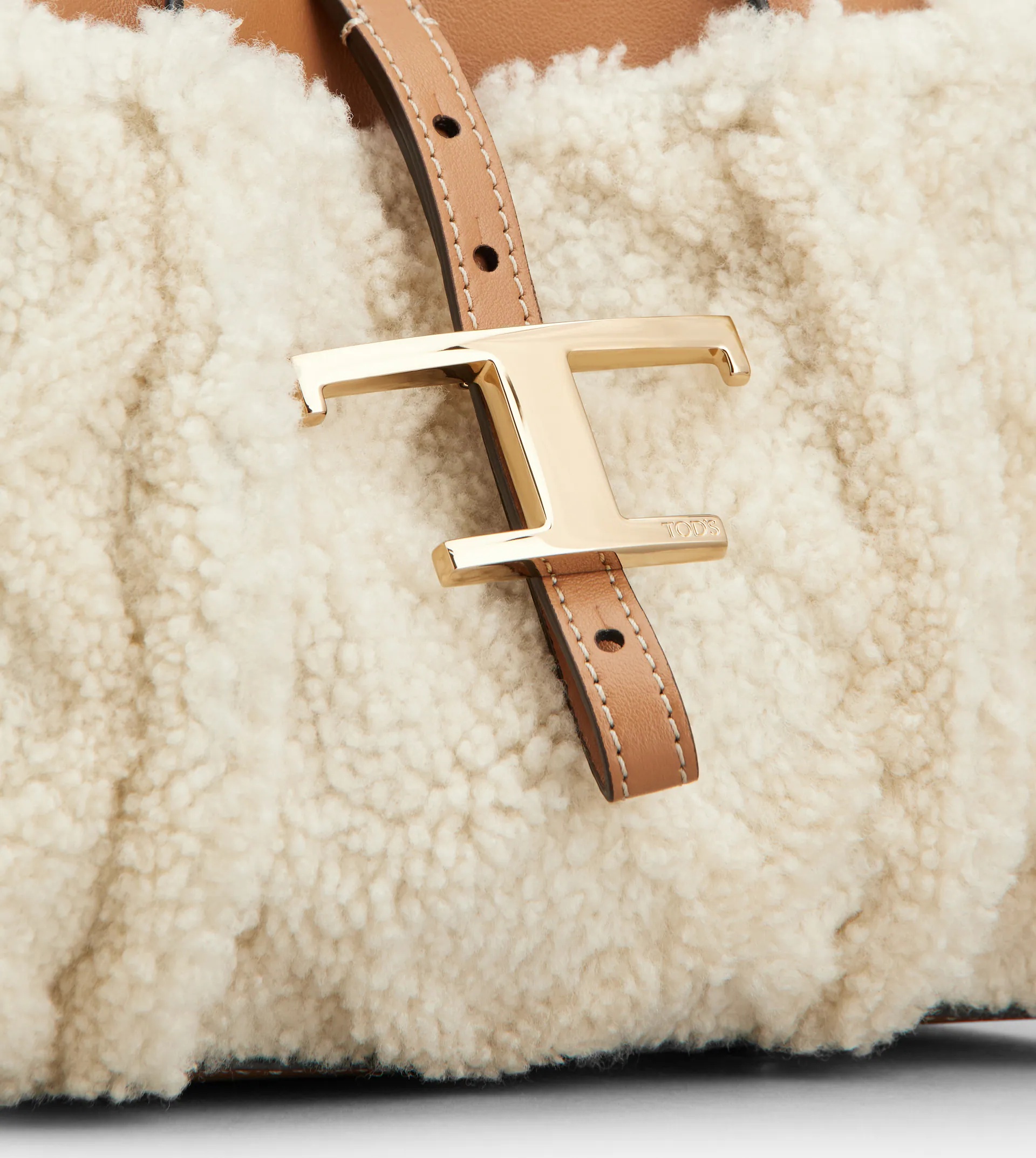 T TIMELESS SHOPPING BAG IN LEATHER AND SHEARLING MINI - BROWN, OFF WHITE - 8