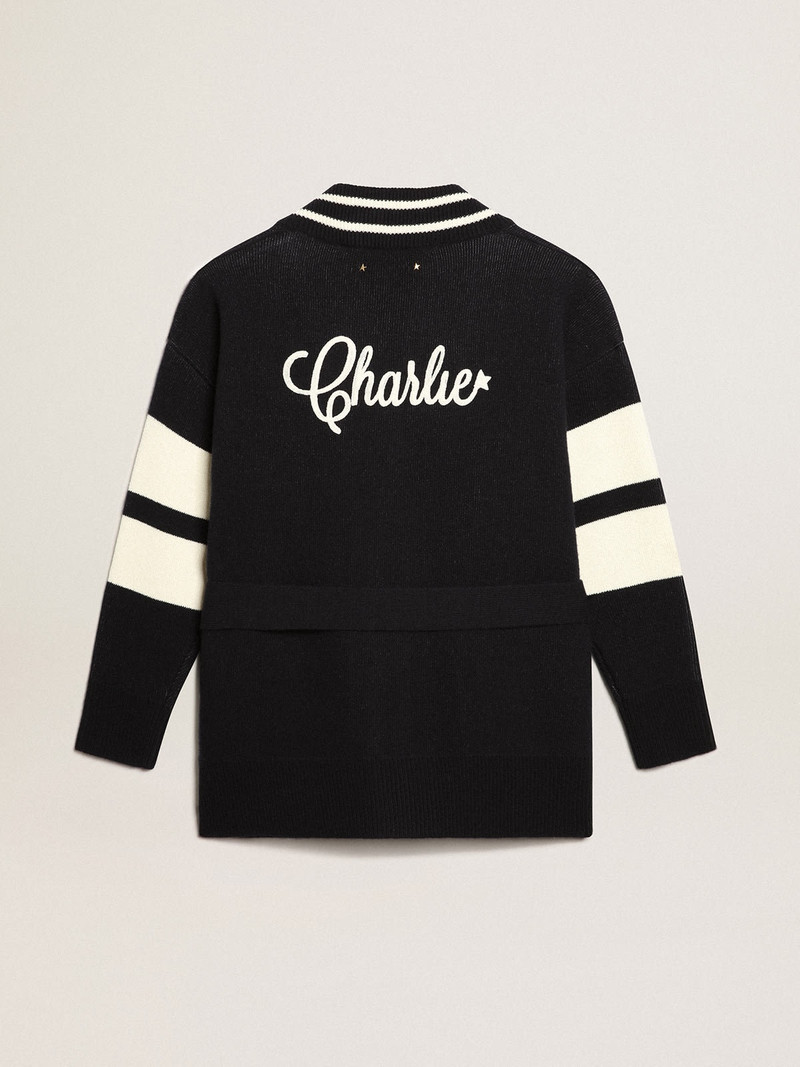 Women's blue cardigan with belt at the waist and lettering on the back 7