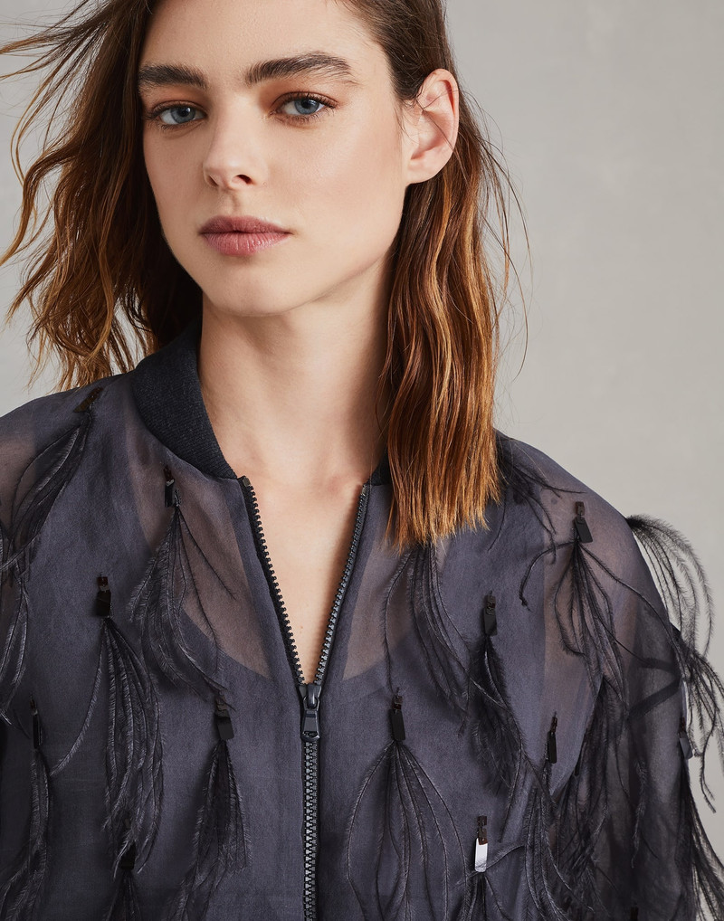 Crispy silk bomber jacket with dazzling feather embroidery 3