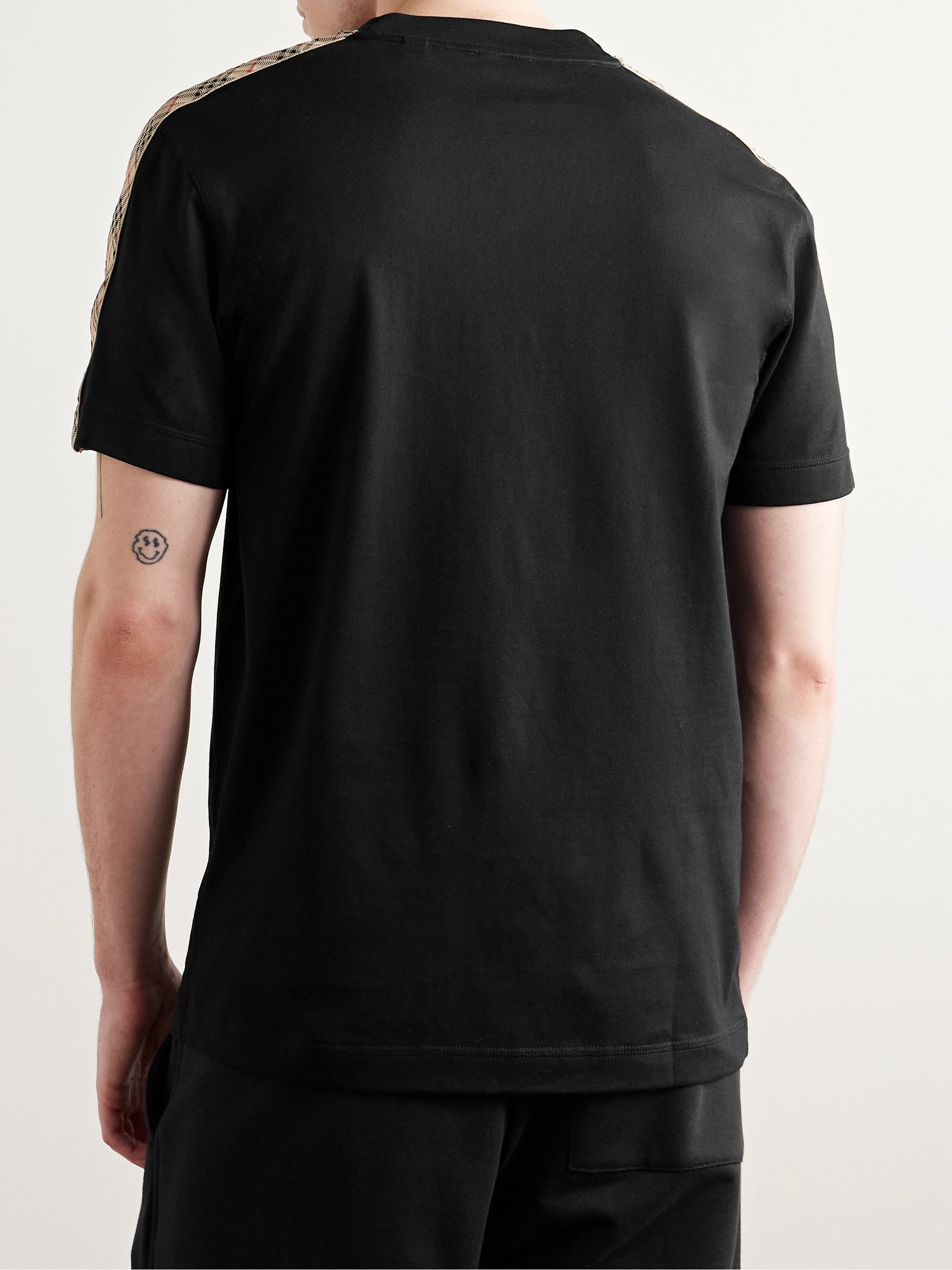 Logo-Embroidered Checked Jacquard-Trimmed Cotton-Jersey T-Shirt Black - 3