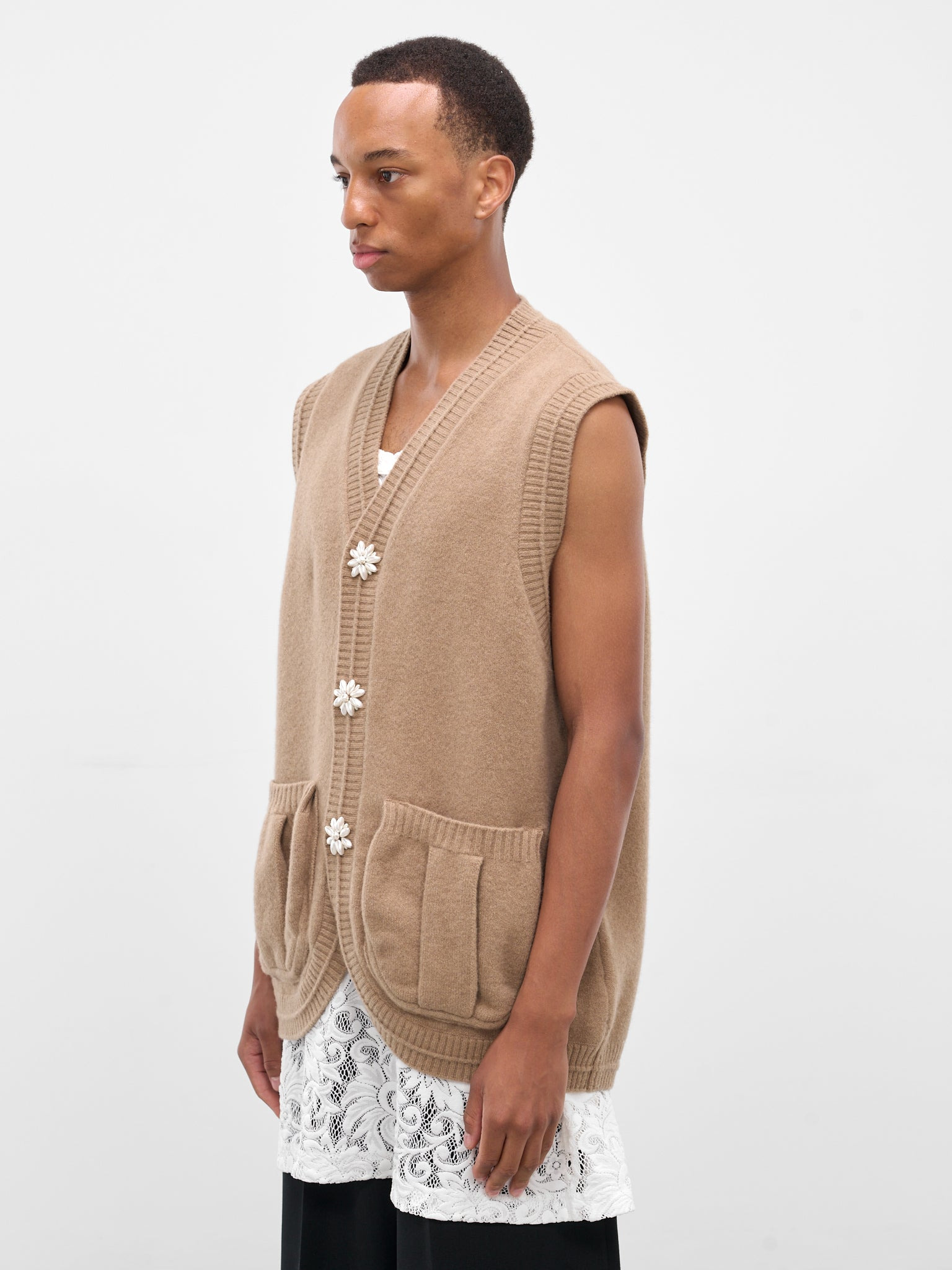Beige Wool Knit Cardigan Vest - 2