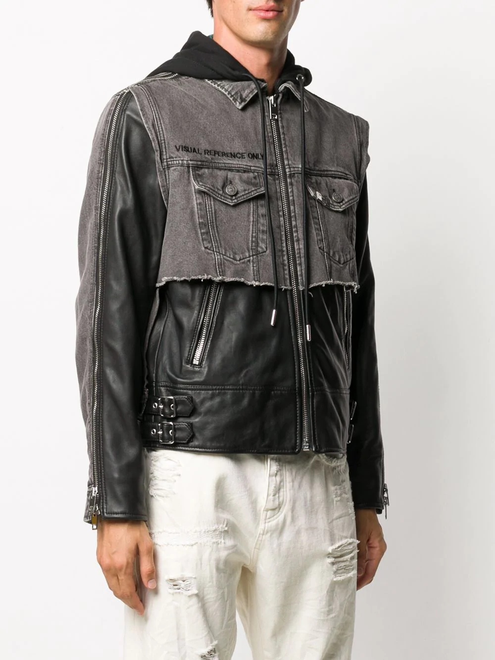 hooded leather and denim jacket - 3